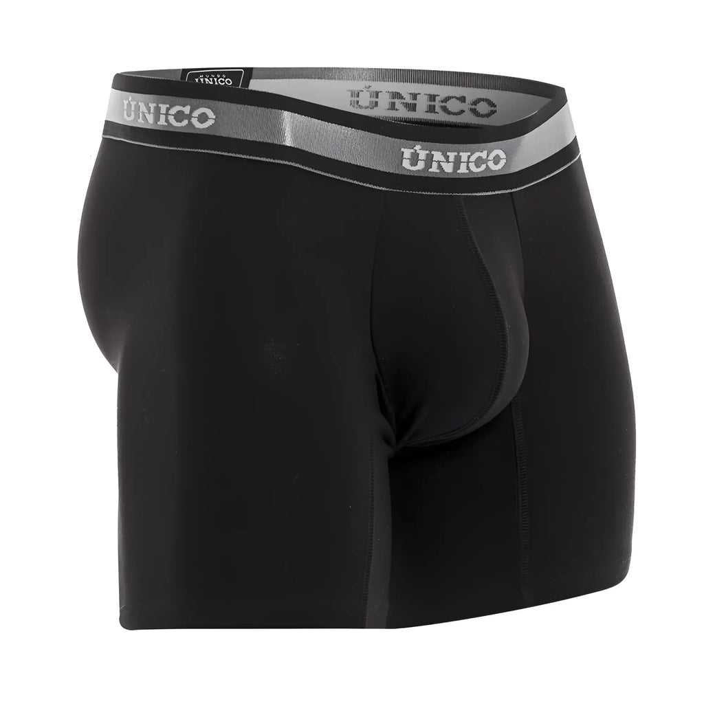 Black unico men’s boxer briefs with gray elastic waistband featuring brand name in white lettering model 22120100211 nebuloso a22