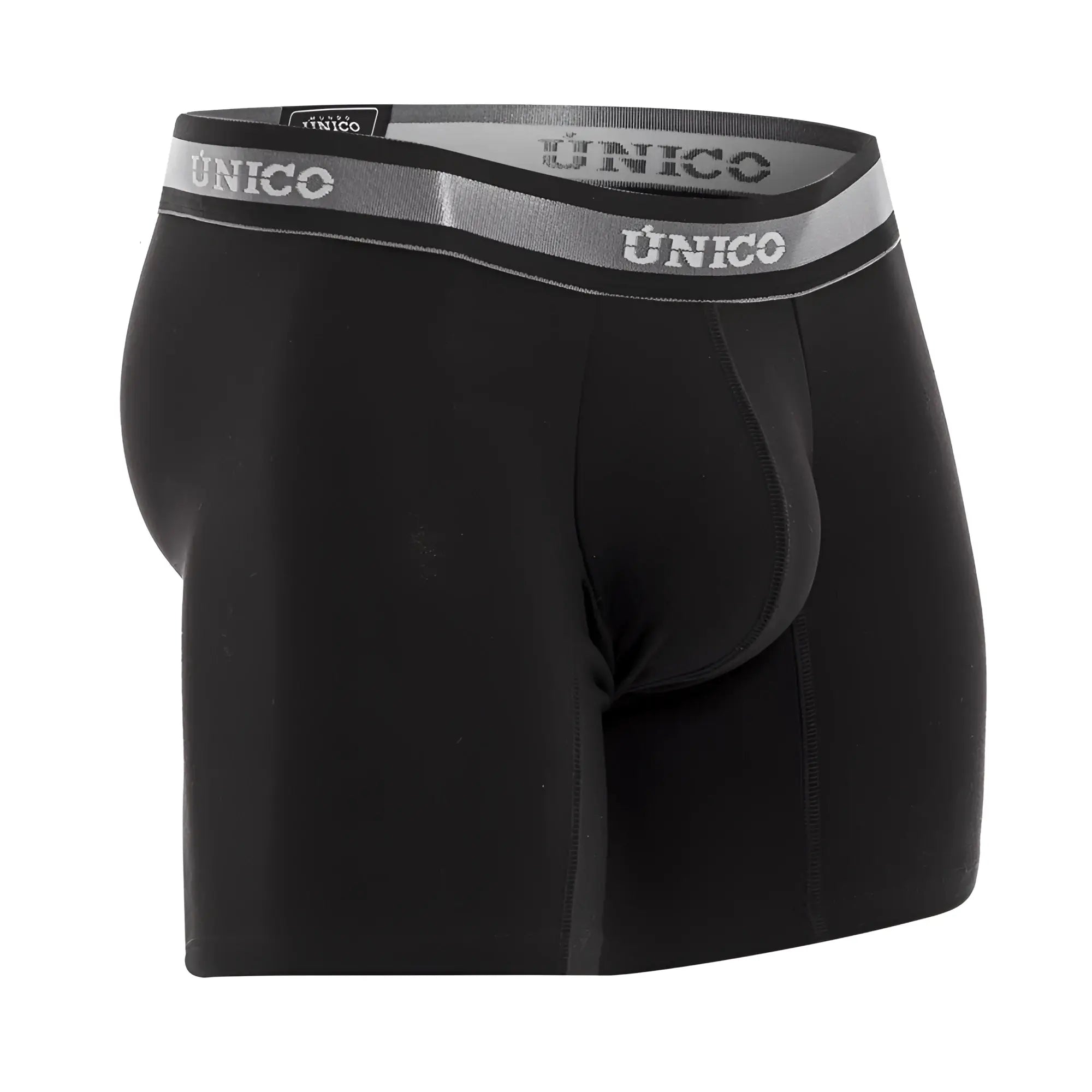 Black unico men’s boxer briefs with gray elastic waistband featuring brand name in white lettering model 22120100211 nebuloso a22