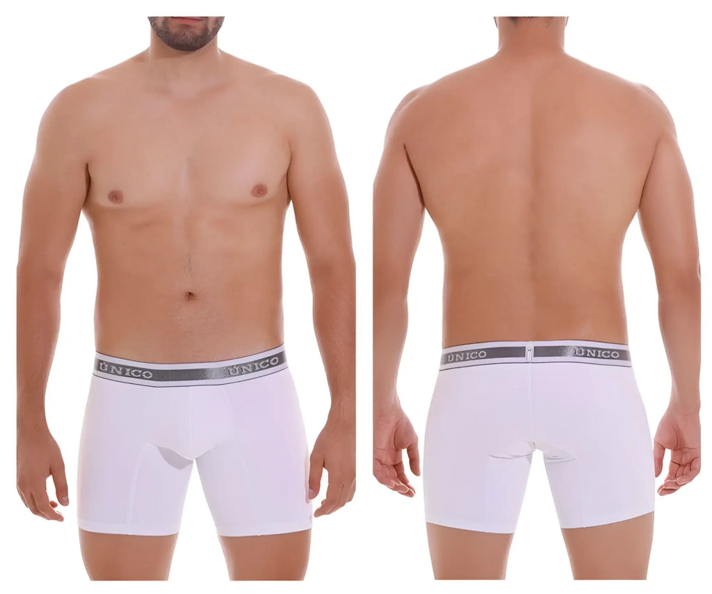 White unico brand boxer briefs with gray elastic waistband featuring unico logo in lustre m22 fabric color white