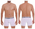 White unico brand boxer briefs with gray elastic waistband featuring unico logo in lustre m22 fabric color white
