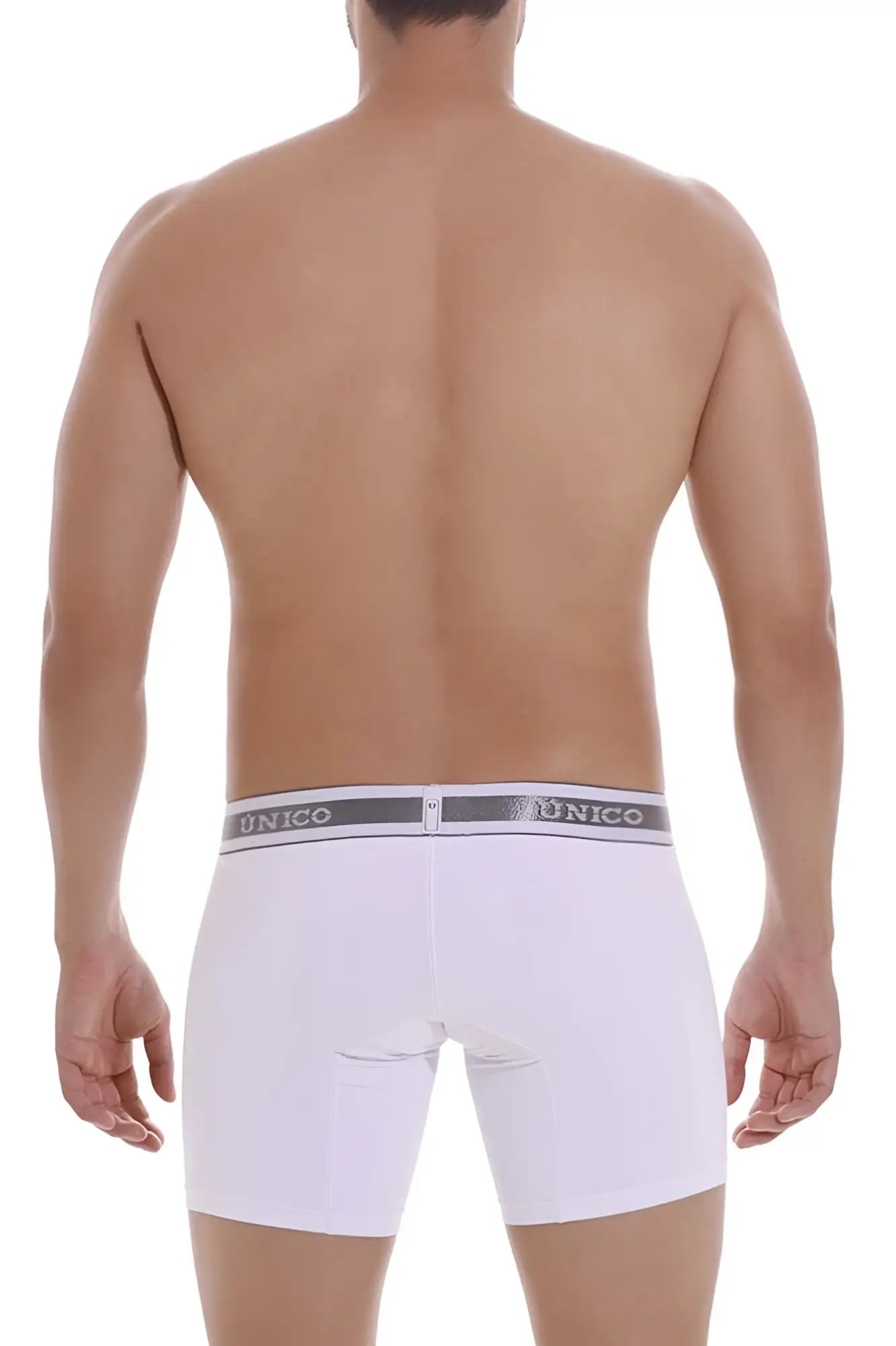 White unico brand men’s boxer briefs with gray elastic waistband featuring brand name in white lettering model lustre m22 color white