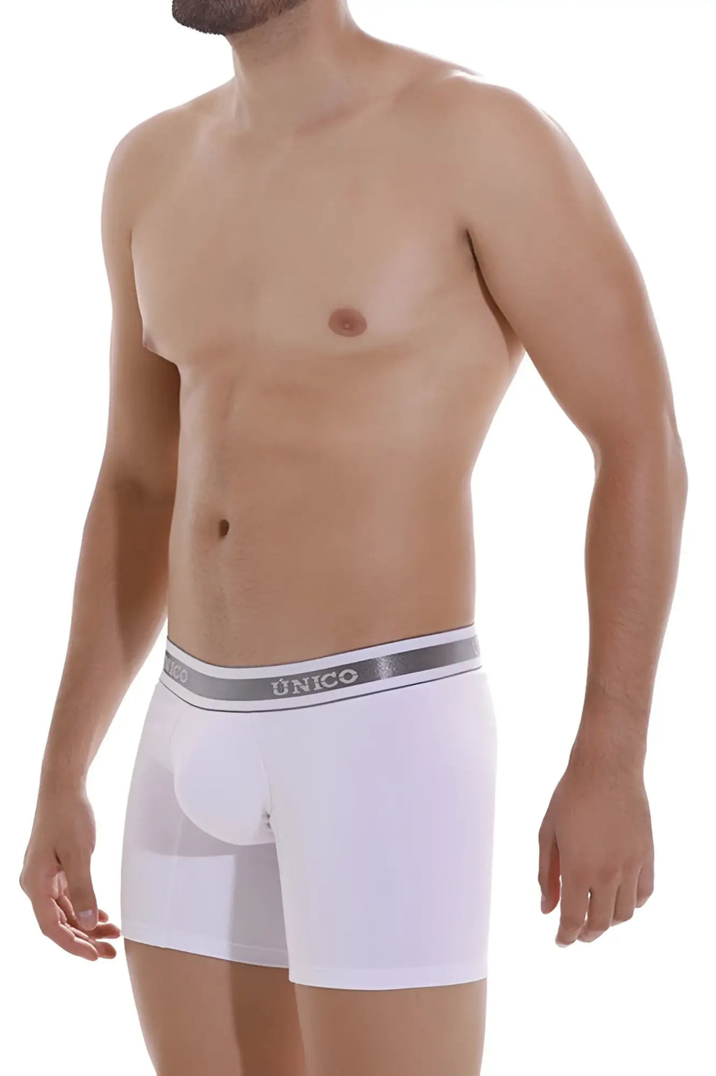 White unico boxer briefs with gray elastic waistband and black brand name lettering in lustre m22 fabric