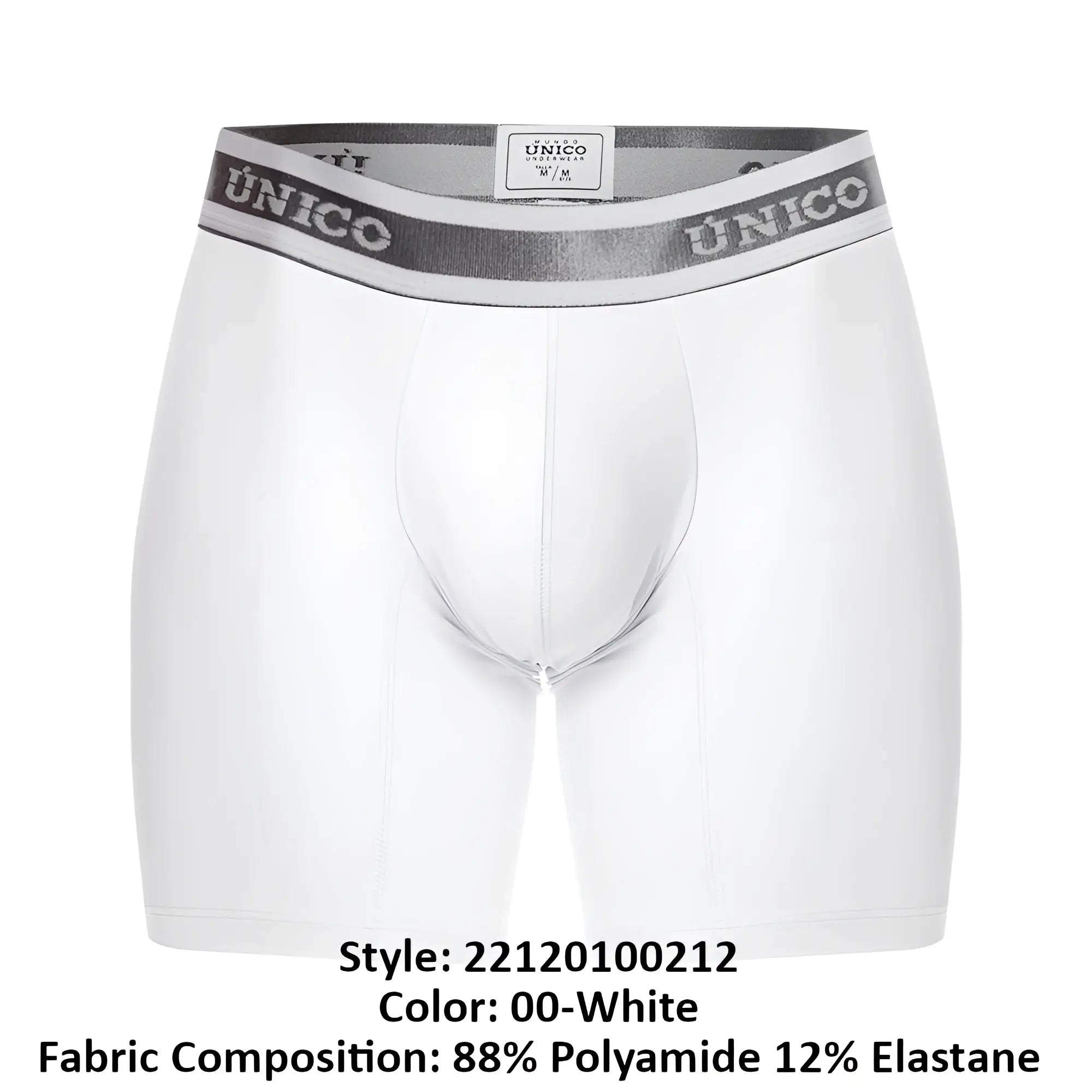 White unico men’s boxer briefs with gray and white elastic waistband featuring the brand name in color 00-white