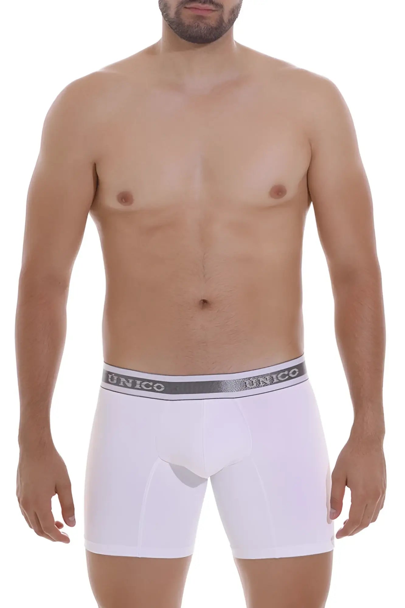 White unico men’s boxer briefs with gray elastic waistband and black brand lettering in color 00-white