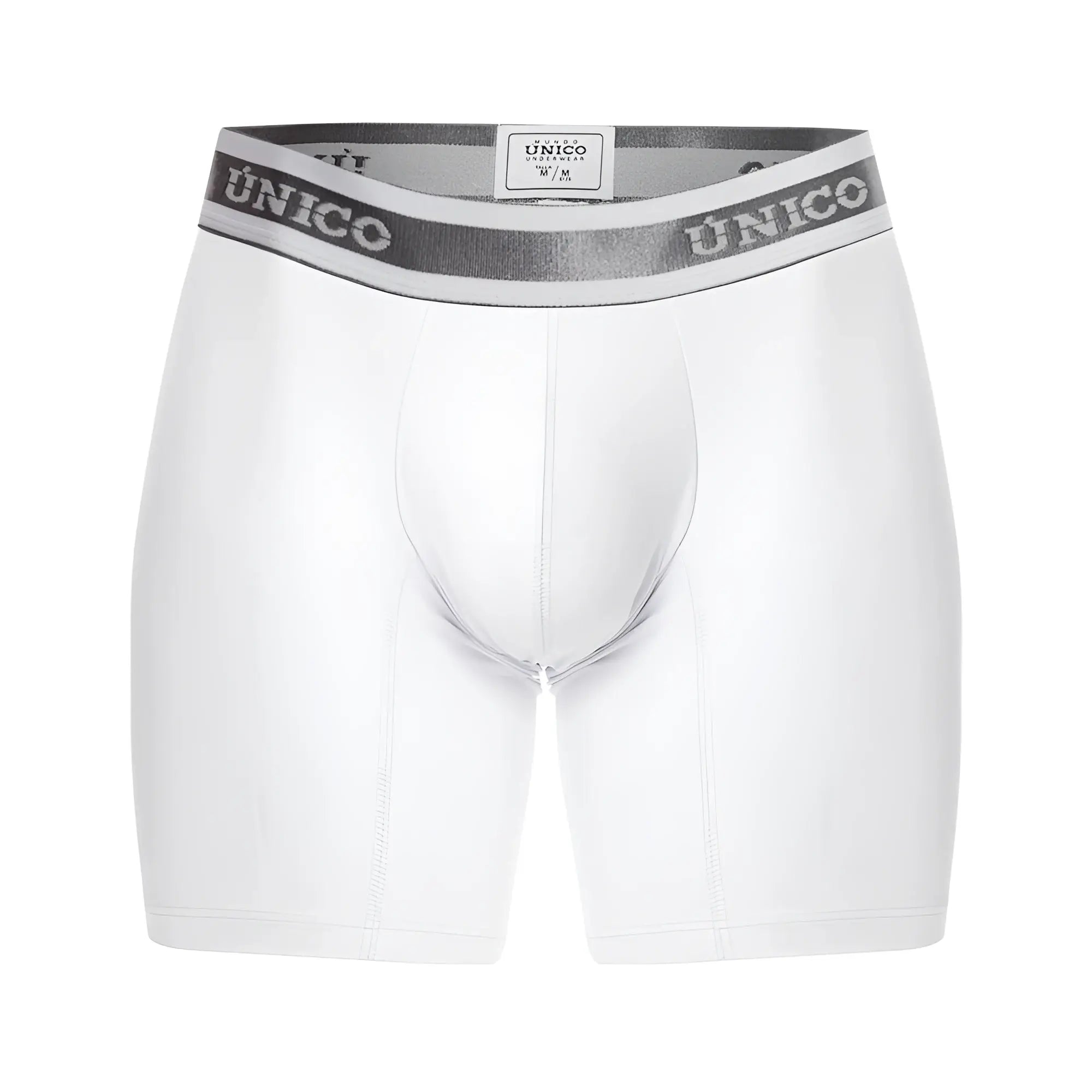 White unico 22120100212 lustre m22 boxer briefs with gray elastic waistband and bold brand name in white color