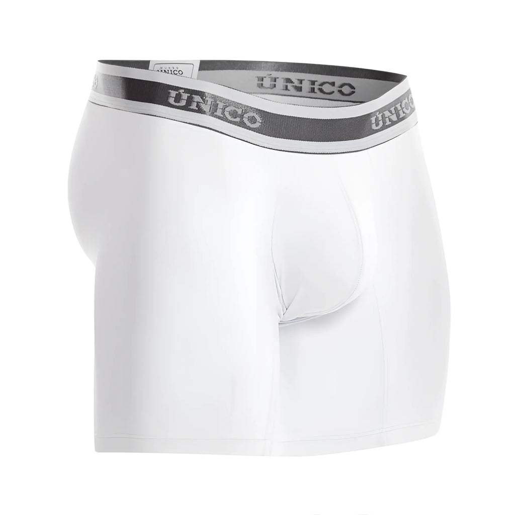 White unico men’s boxer briefs with a gray and white striped elastic waistband featuring the brand name