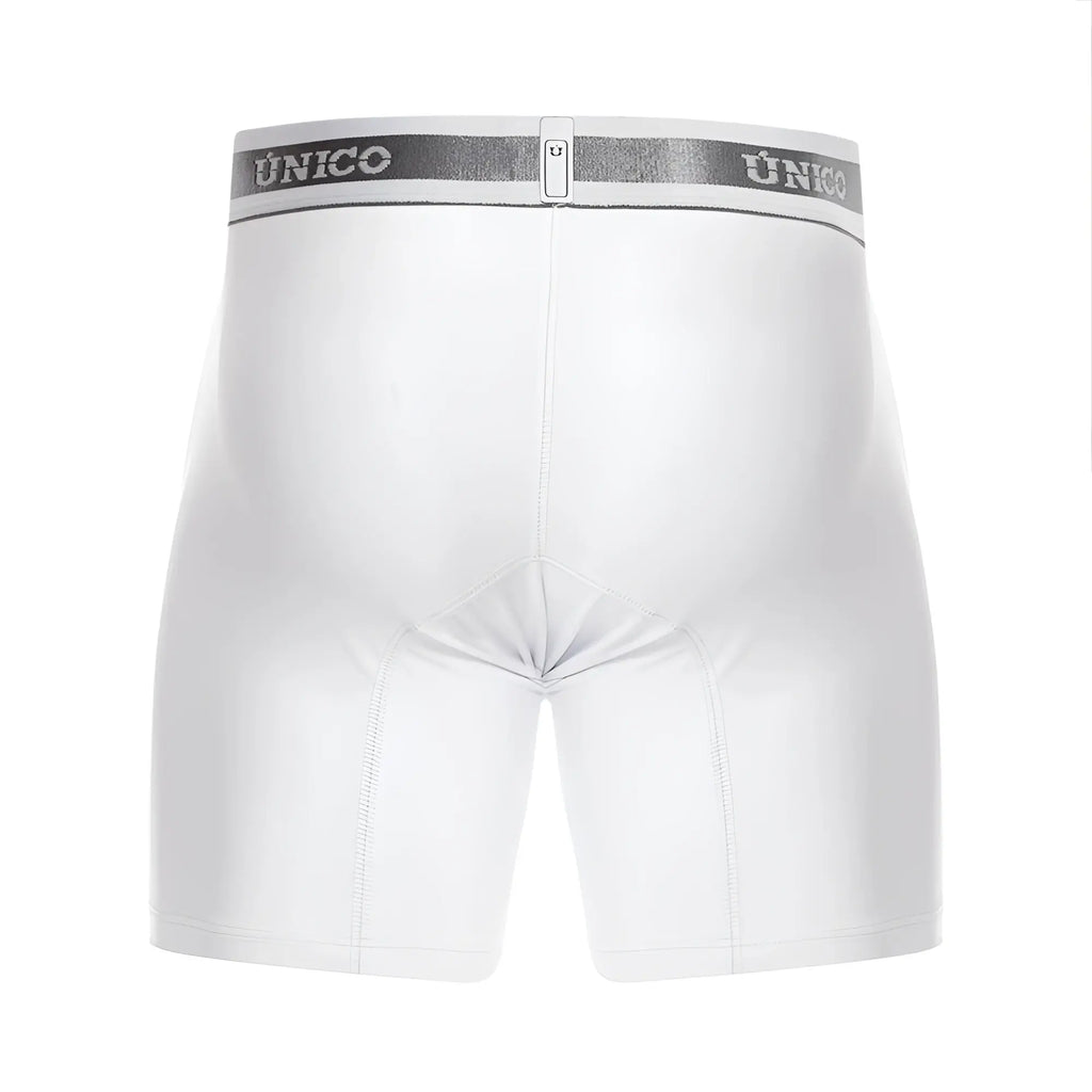 White unico lustre m22 boxer briefs with silver elastic waistband featuring the brand logo in color white