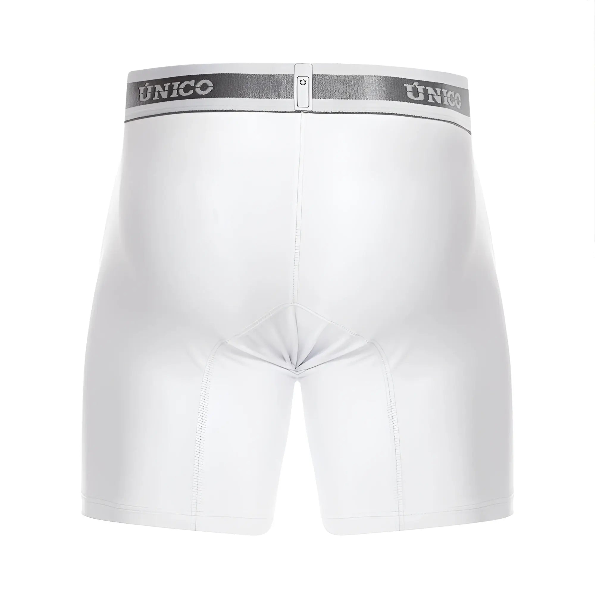 White unico lustre m22 boxer briefs with silver elastic waistband featuring the brand logo in color white