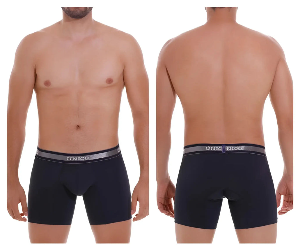 Black unico men’s boxer briefs with gray elastic waistband featuring unico logo in silver lettering color dark blue