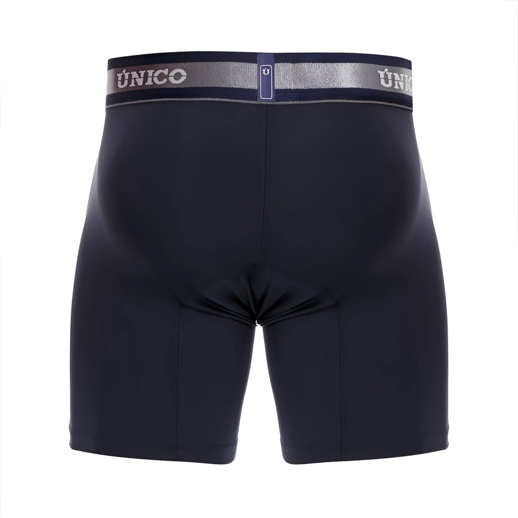 Black unico brand boxer briefs with navy waistband featuring silver logo and trim in color 82 dark blue
