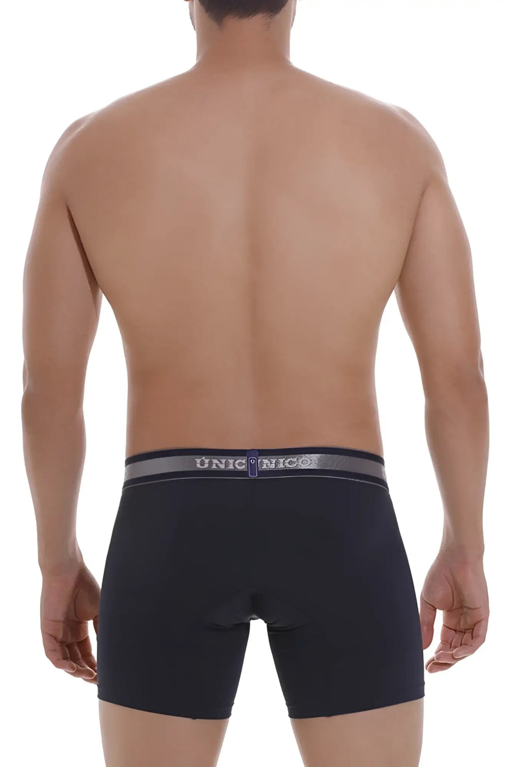 Black unico boxer briefs in dark blue with a gray and navy waistband featuring silver unico branding