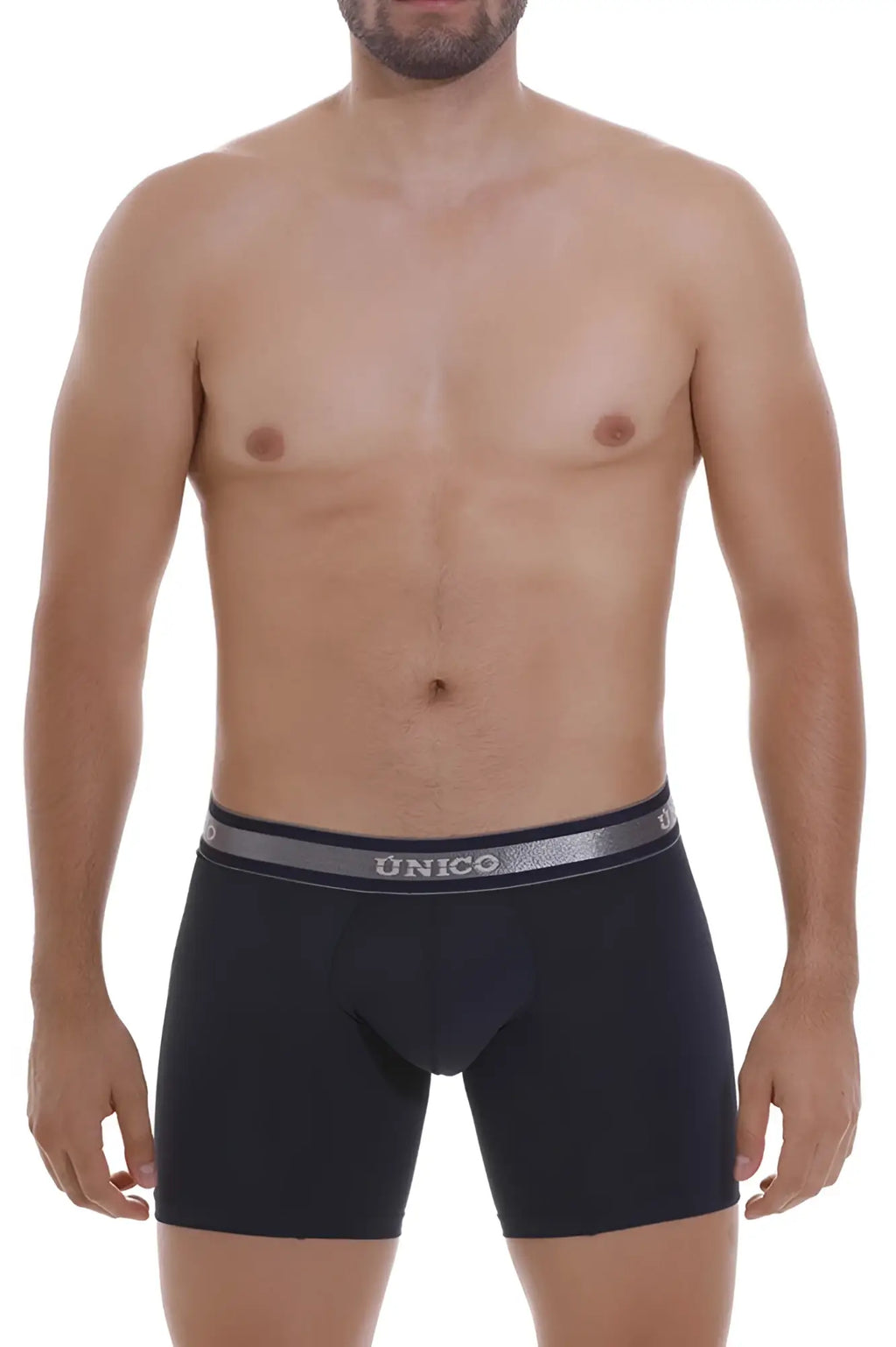 Black unico men’s boxer briefs with gray waistband and white brand name in dark blue color for comfortable wear