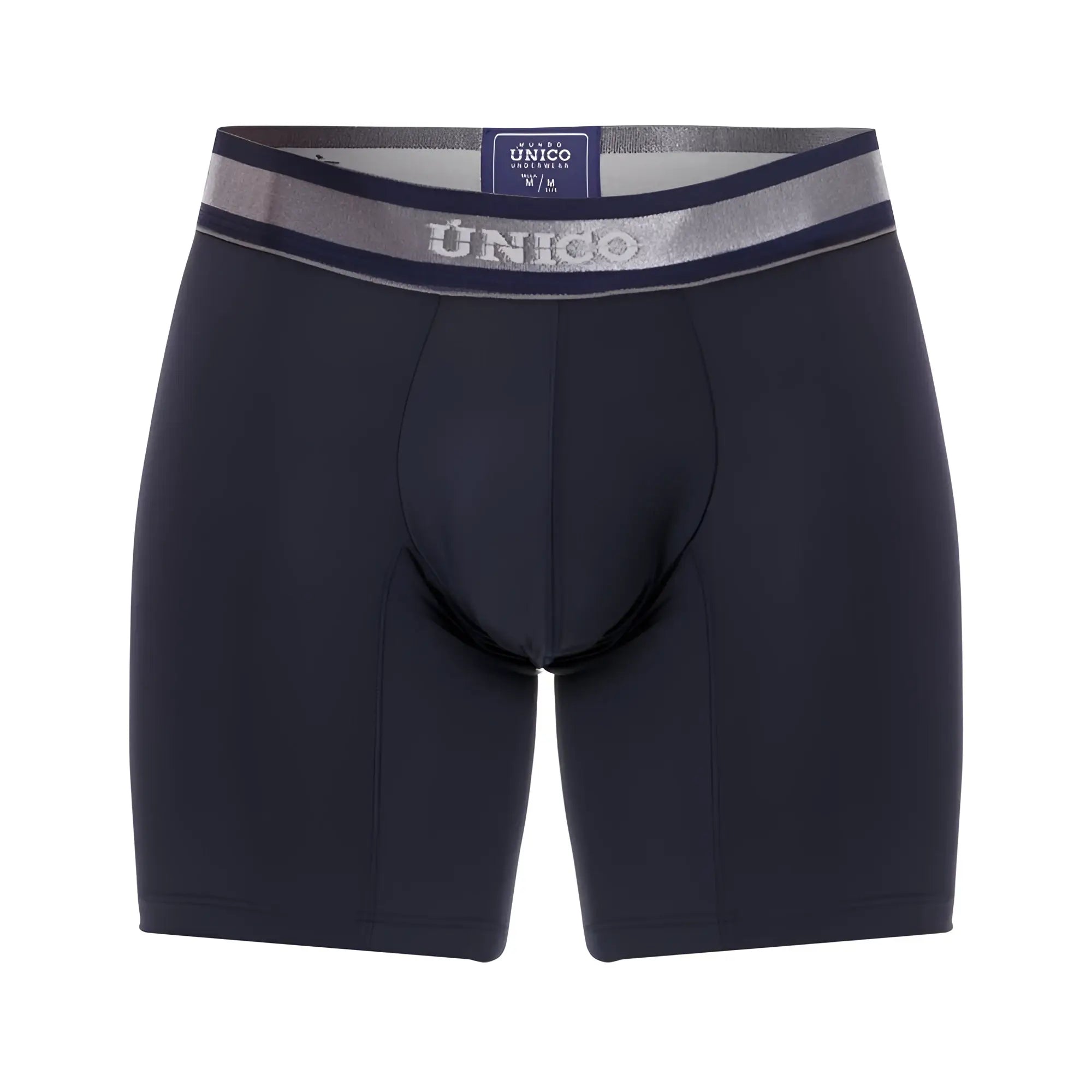 Dark navy blue unico men’s boxer briefs with silver and gray elastic waistband featuring brand logo in front view