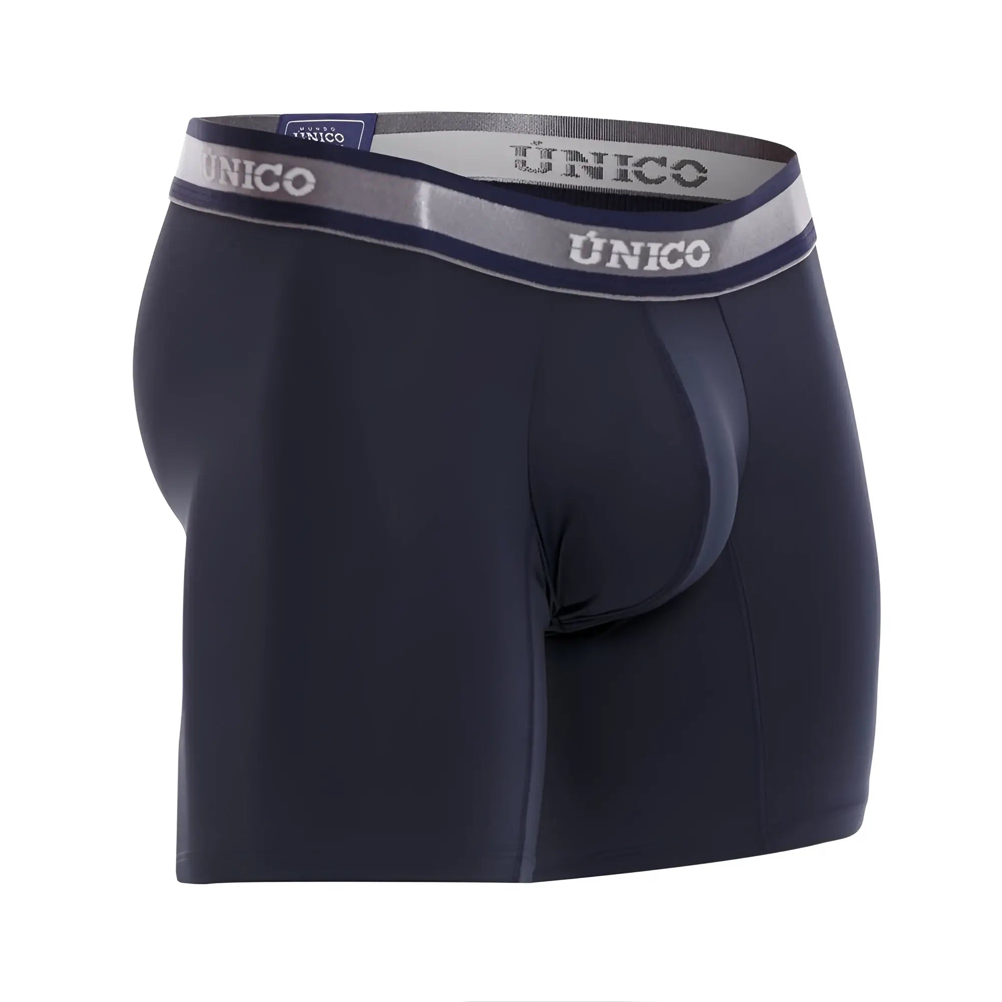 Dark navy unico men’s boxer briefs with gray and white elastic waistband featuring the brand name cardenal m22