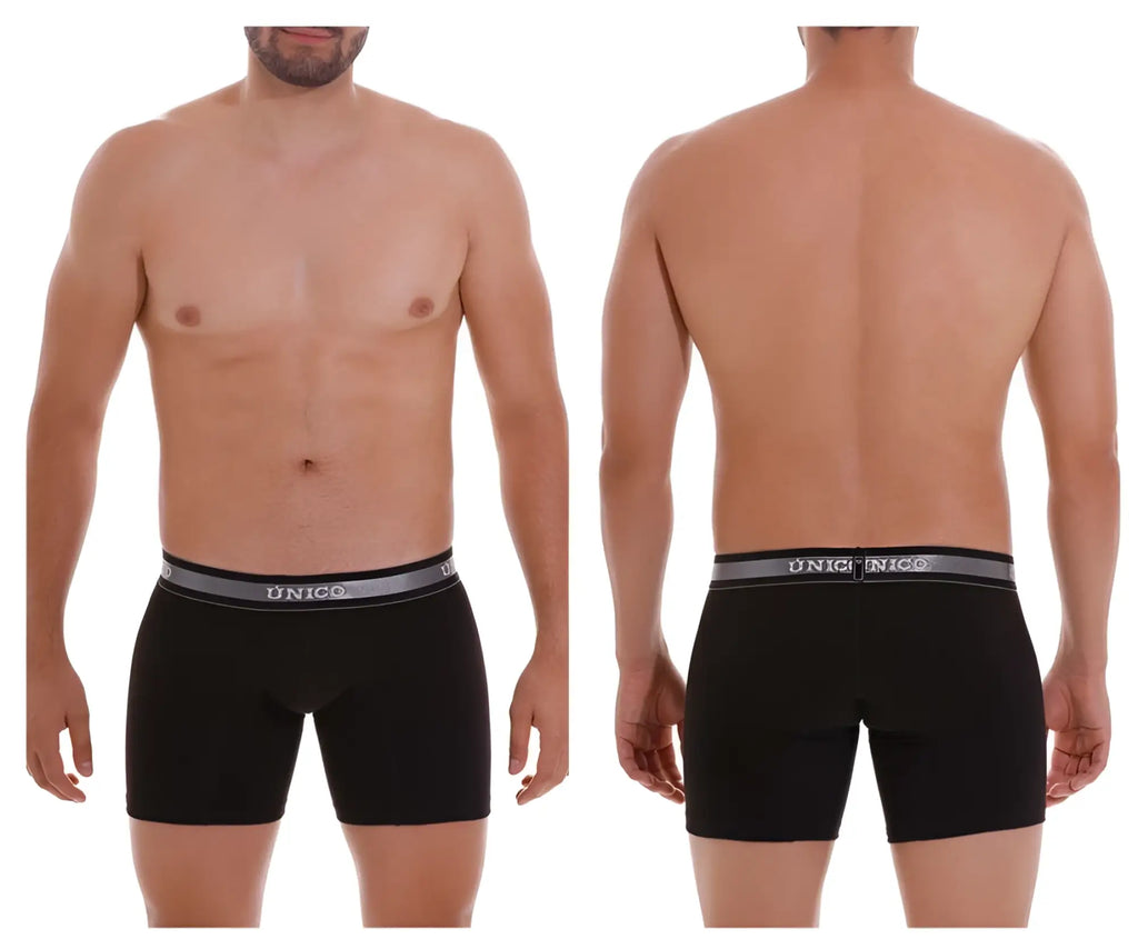 Black unico men’s boxer briefs with gray elastic waistband featuring unico logo in color 99-black for comfortable wear
