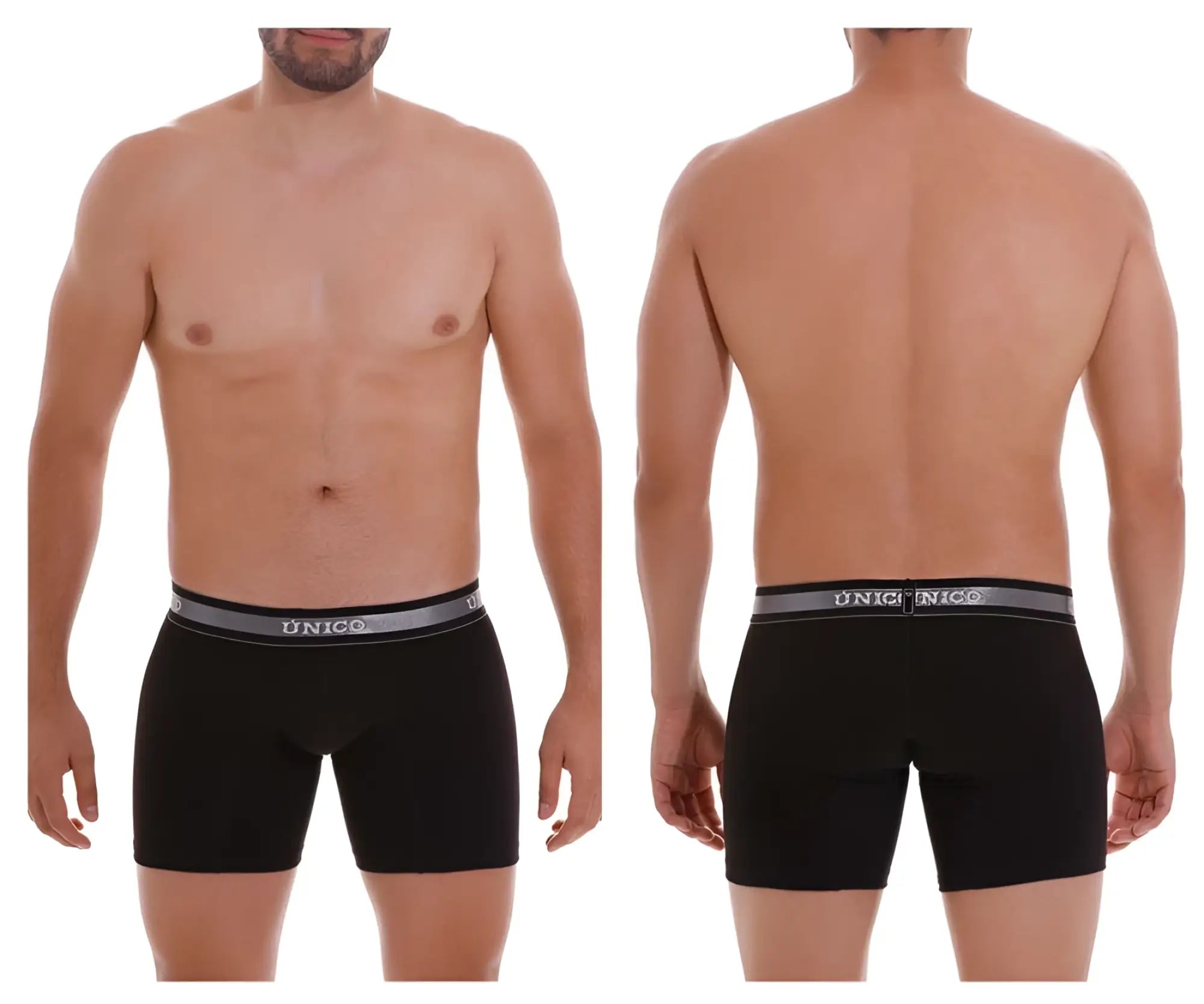 Black unico men’s boxer briefs with gray elastic waistband featuring unico logo in color 99-black for comfortable wear