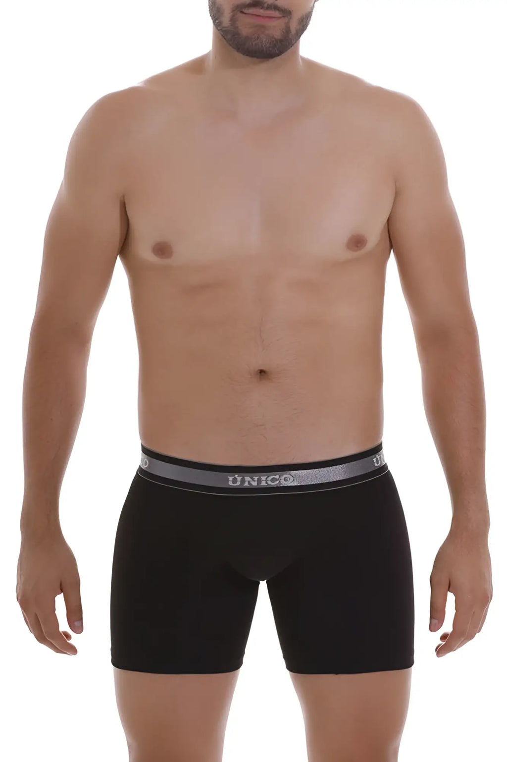 Black unico boxer briefs with gray elastic waistband and white brand name lettering model nebuloso m22 color 99-black