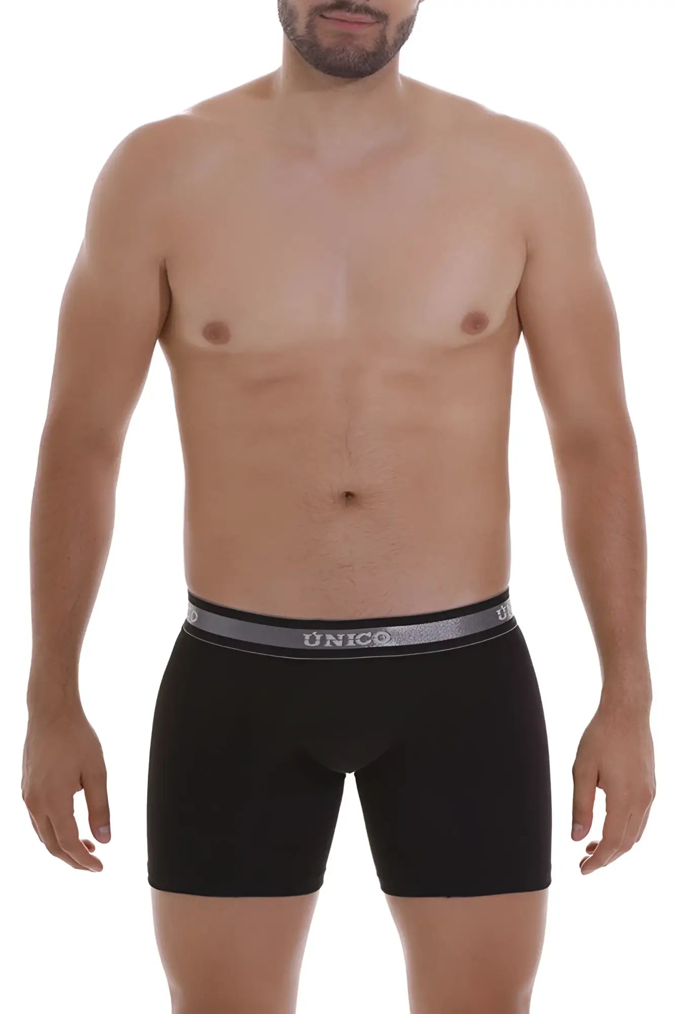 Black unico boxer briefs with gray elastic waistband and white brand name lettering model nebuloso m22 color 99-black