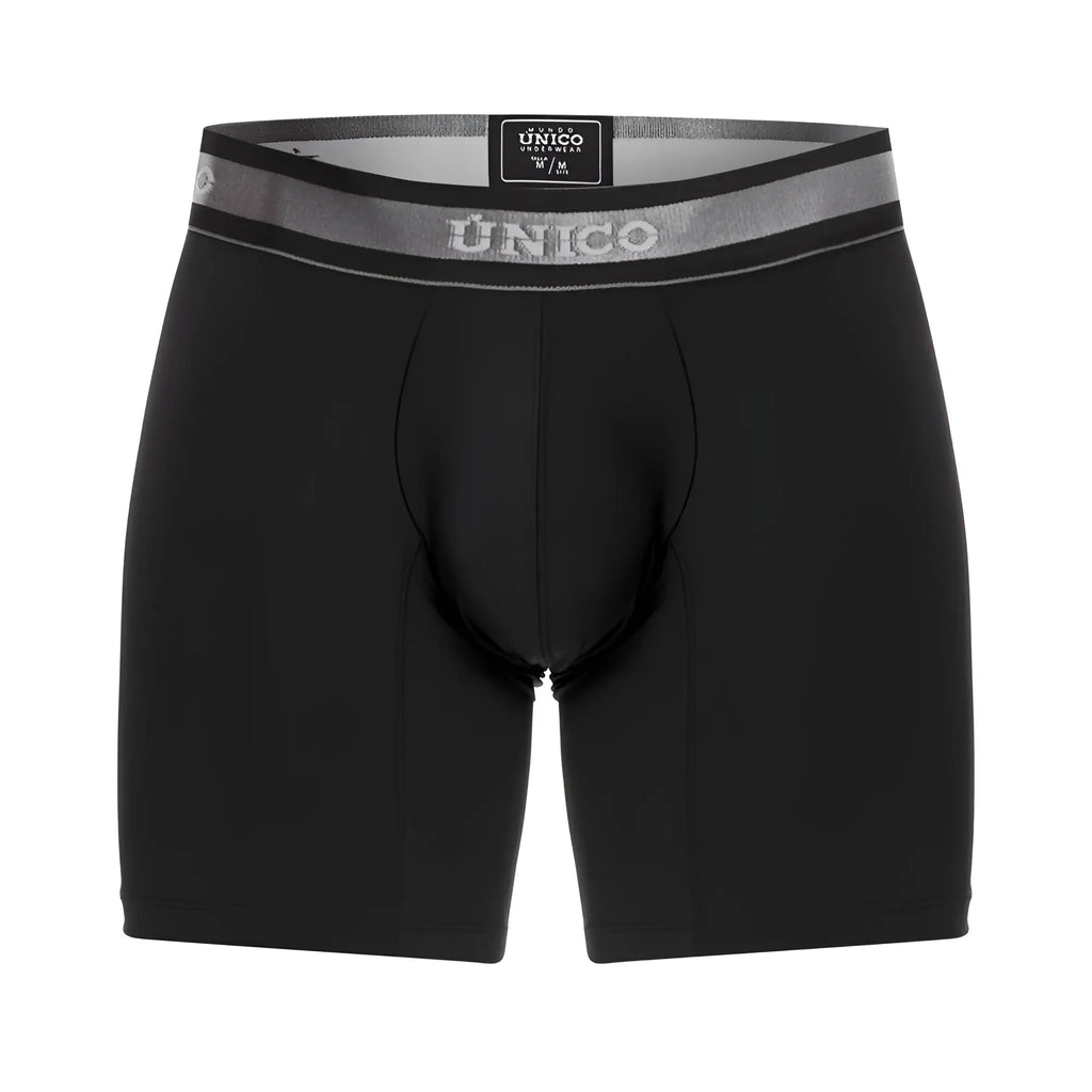 Black unico men’s boxer briefs with gray waistband featuring brand logo and size tag color 99-black neusolo m22