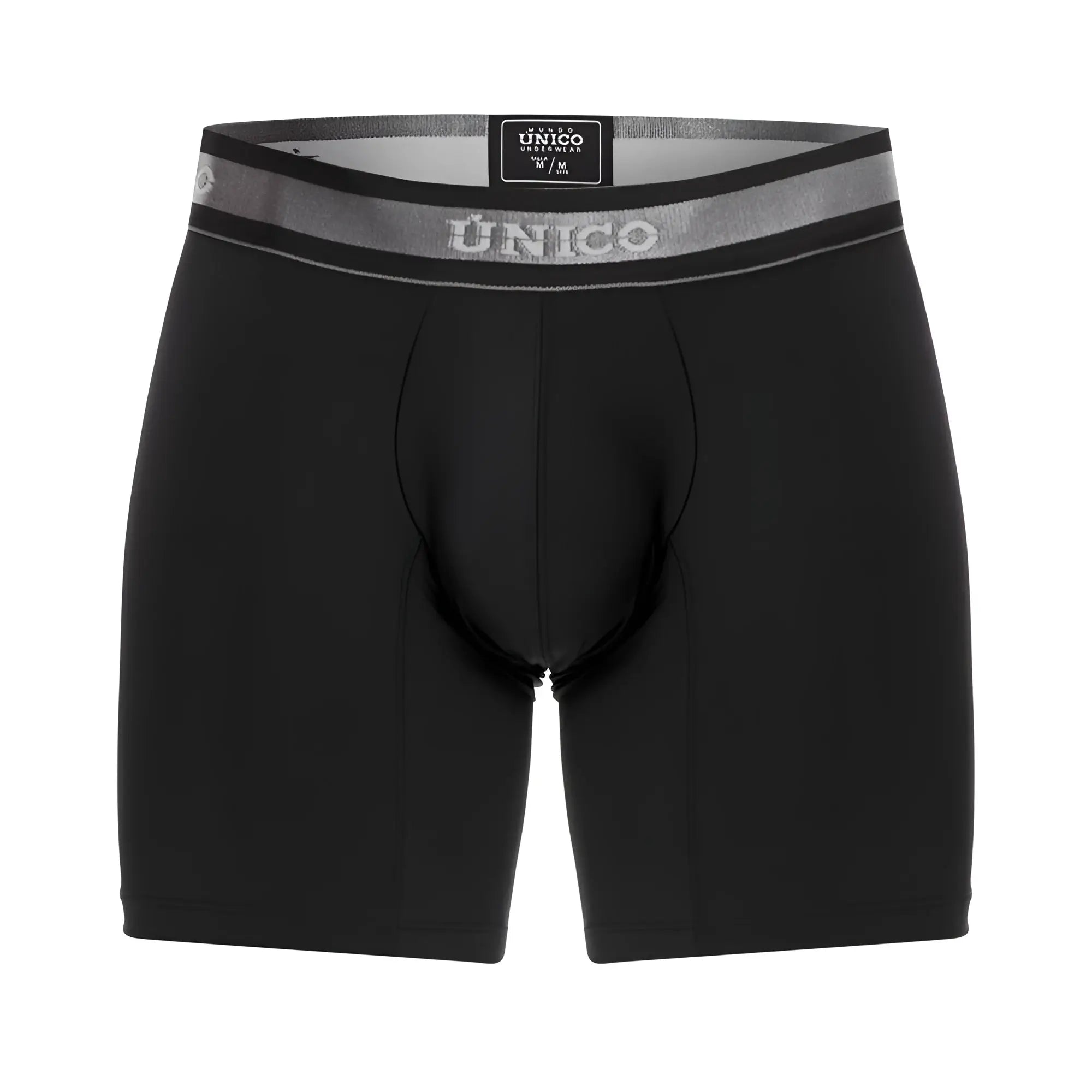 Black unico men’s boxer briefs with gray waistband featuring brand logo and size tag color 99-black neusolo m22