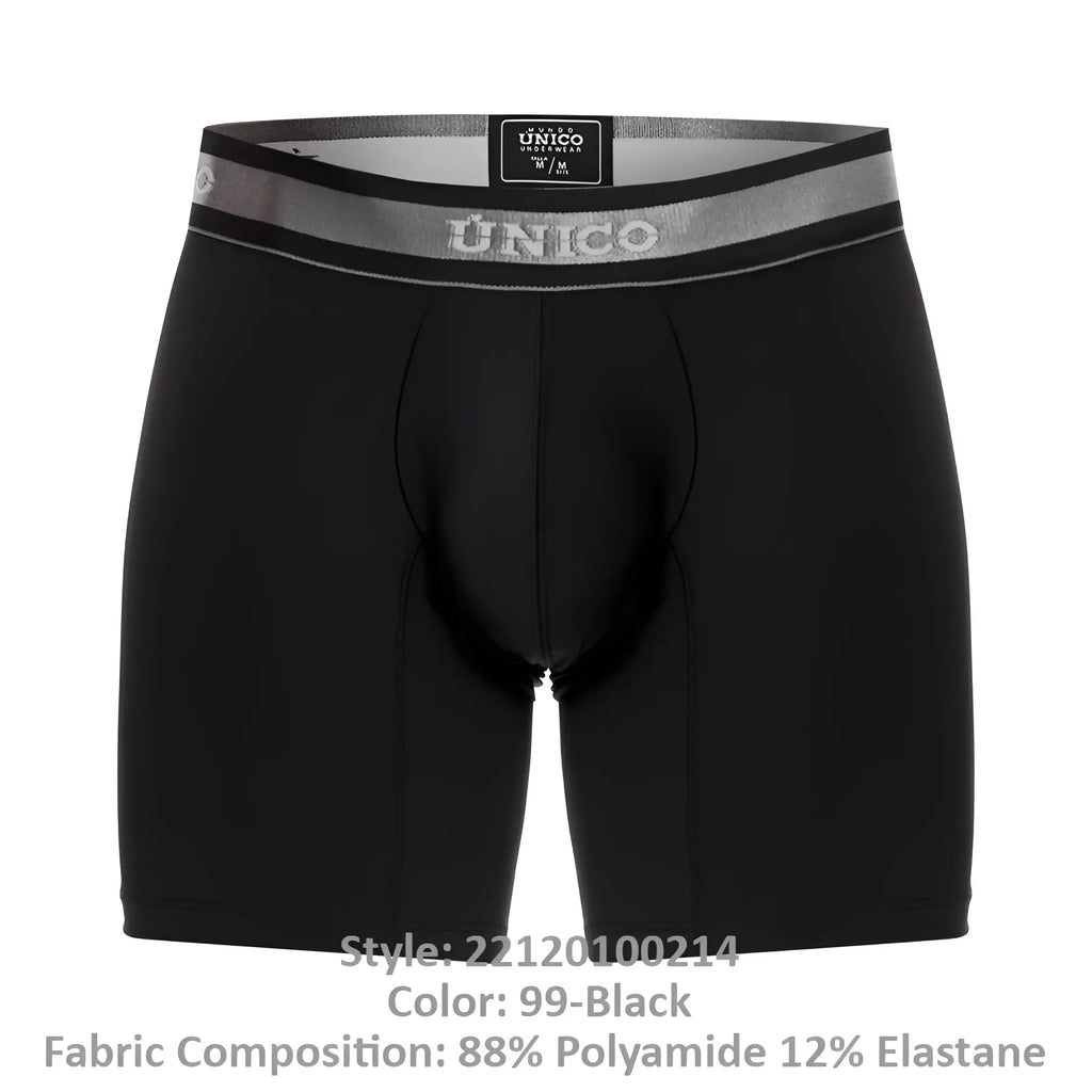 Black unico men’s boxer briefs with gray elastic waistband featuring brand logo and size label color 99-black