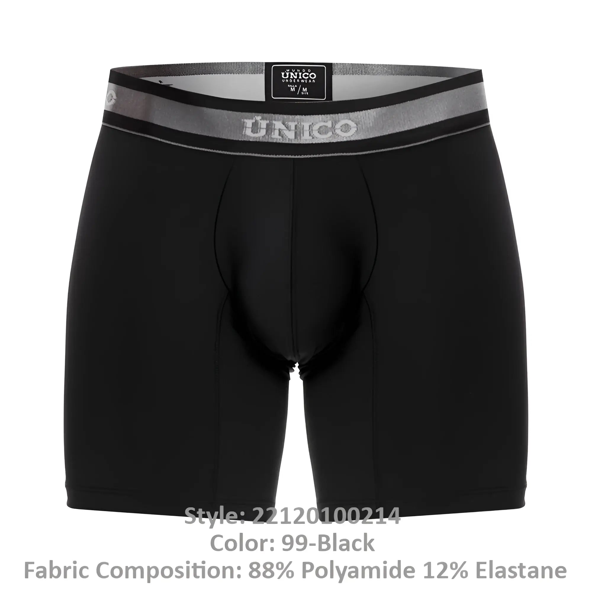 Black unico men’s boxer briefs with gray elastic waistband featuring brand logo and size label color 99-black