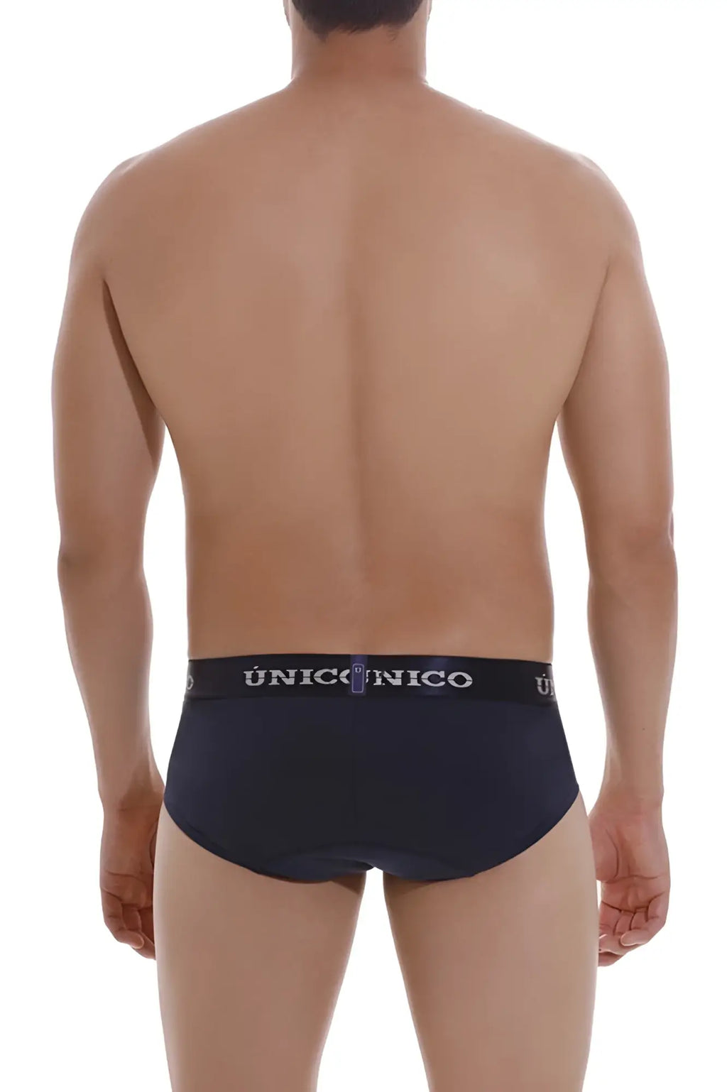 Black unico men’s briefs with white logo band in dark blue designed for comfort and support