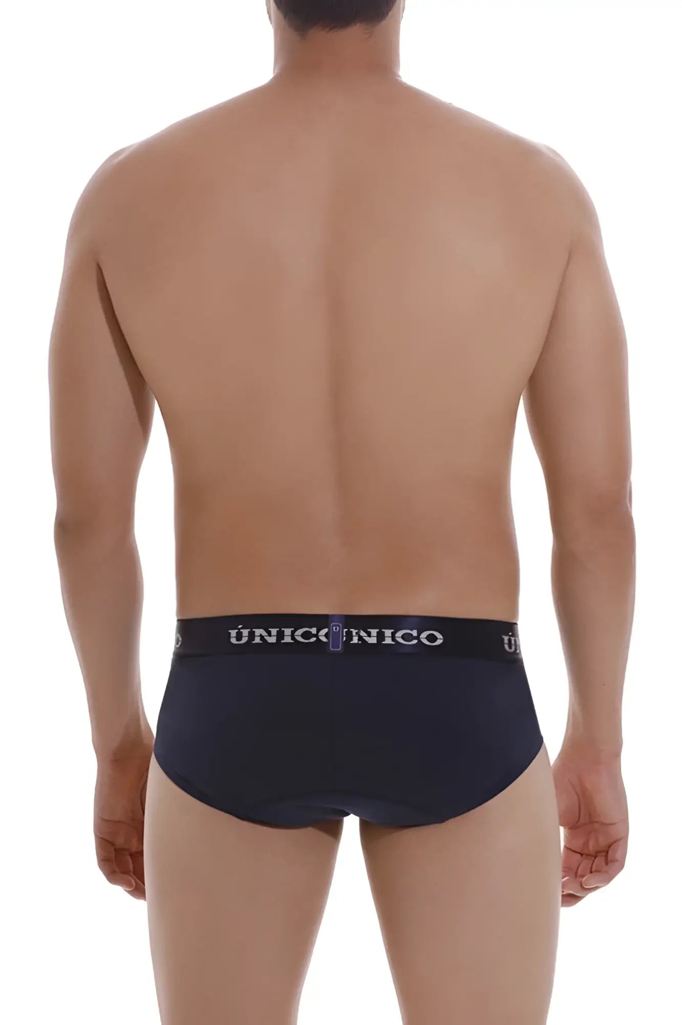 Black unico men’s briefs with white logo band in dark blue designed for comfort and support