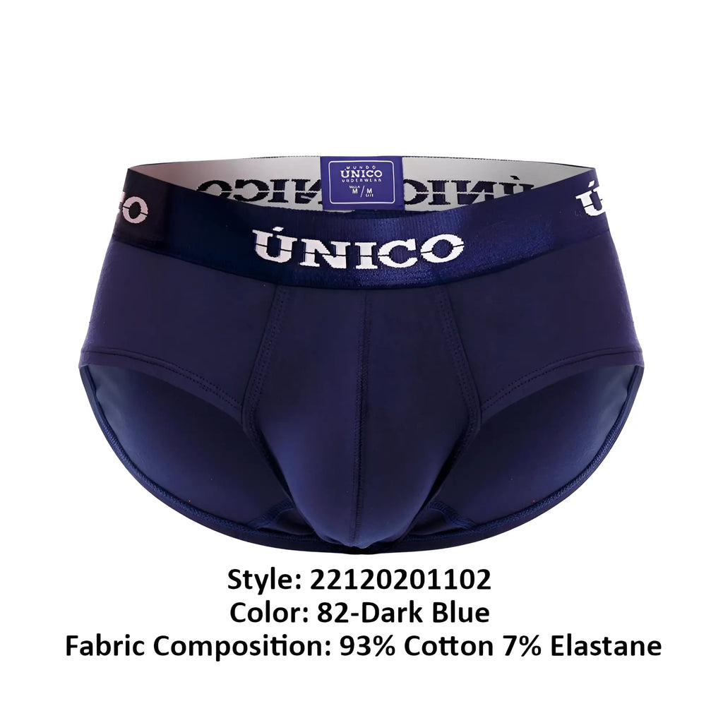 Dark blue unico 22120201102 profundo a22 briefs with satin waistband and white brand name lettering