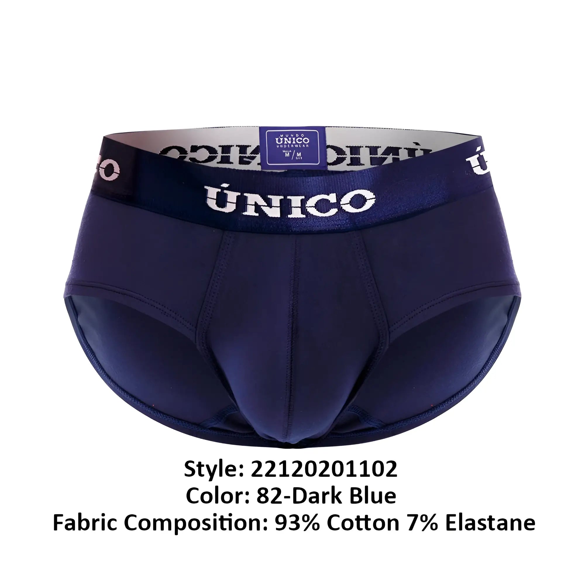 Dark blue unico 22120201102 profundo a22 briefs with satin waistband and white brand name lettering