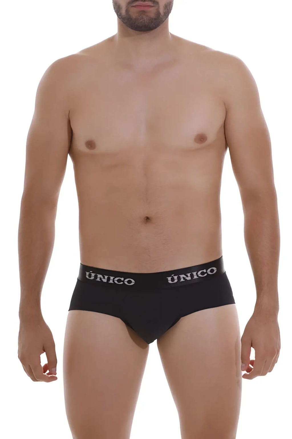 Black unico brand intenso a22 briefs in black with a white logo band designed for comfortable daily wear