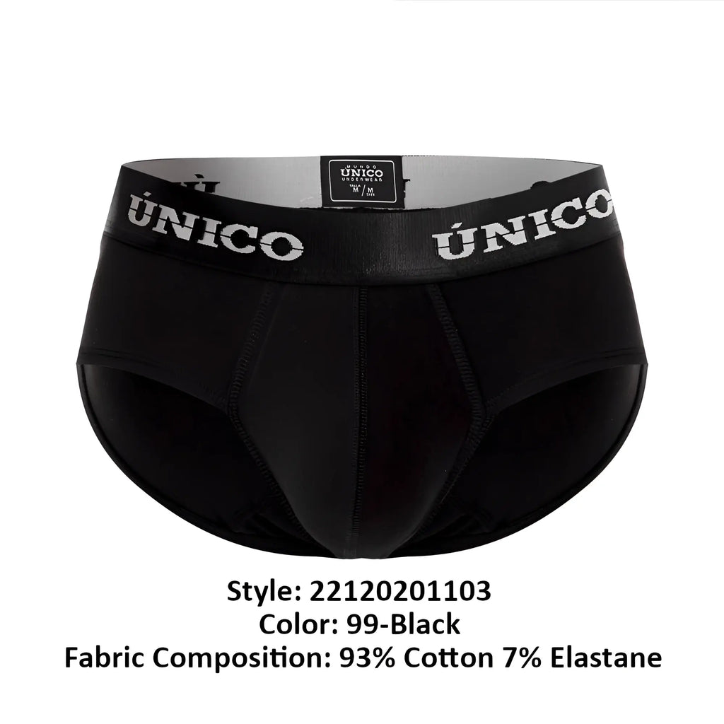 Black unico men’s briefs with white logo elastic waistband in breathable fabric for comfortable daily wear