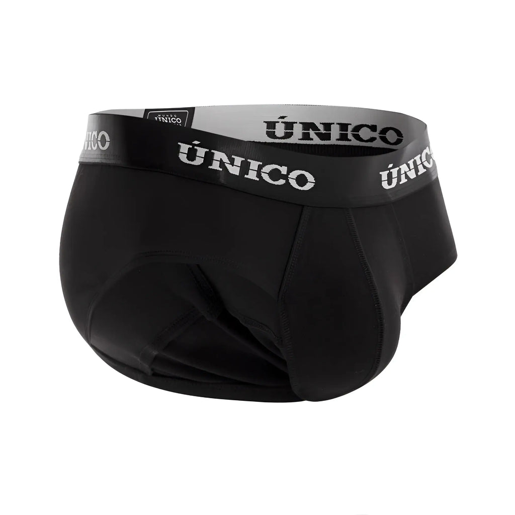 Black único men’s briefs with a gray waistband featuring the brand name in white lettering model intenso a22 briefs color 99-black