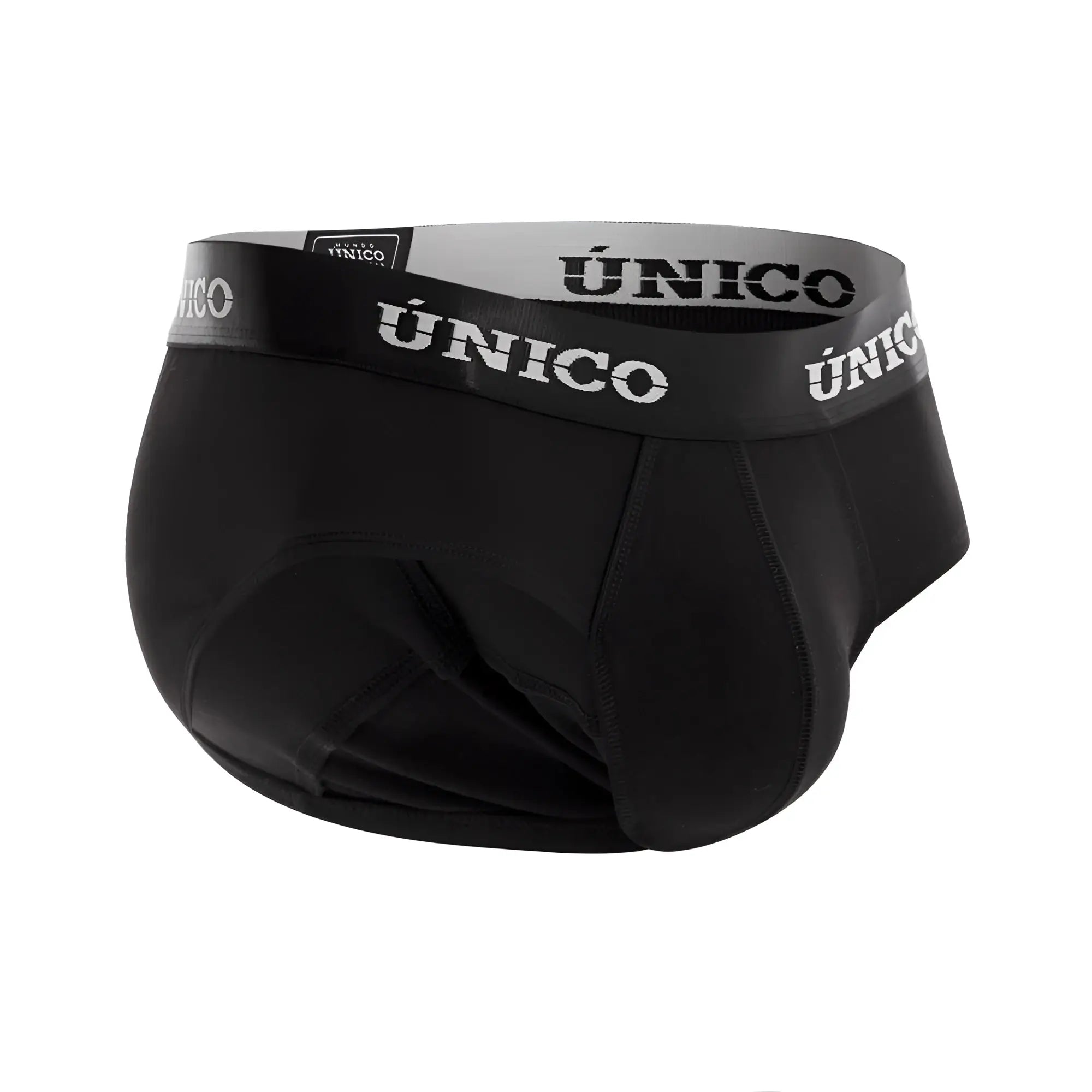 Black único men’s briefs with a gray waistband featuring the brand name in white lettering model intenso a22 briefs color 99-black