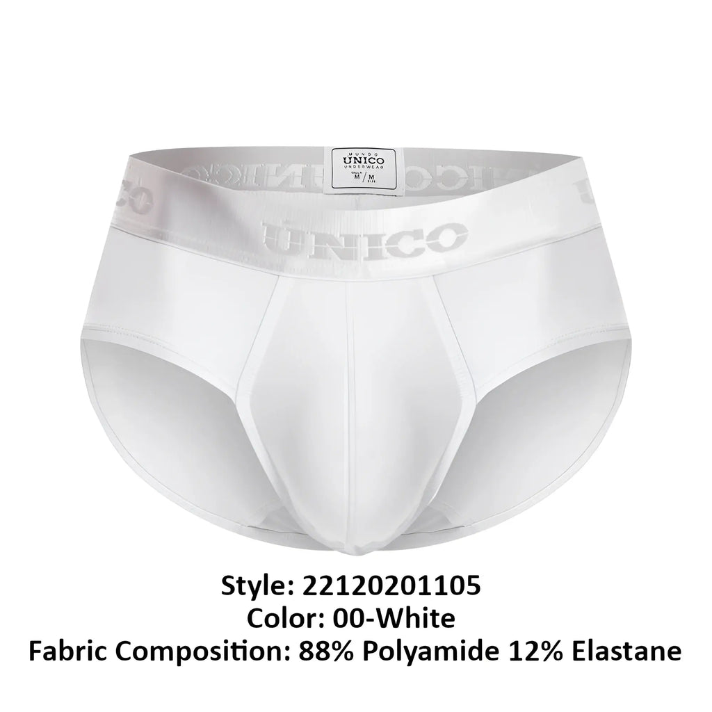 White unico men’s briefs in color 00-white made of 88% polyamide and 12% elastane with embossed waistband design