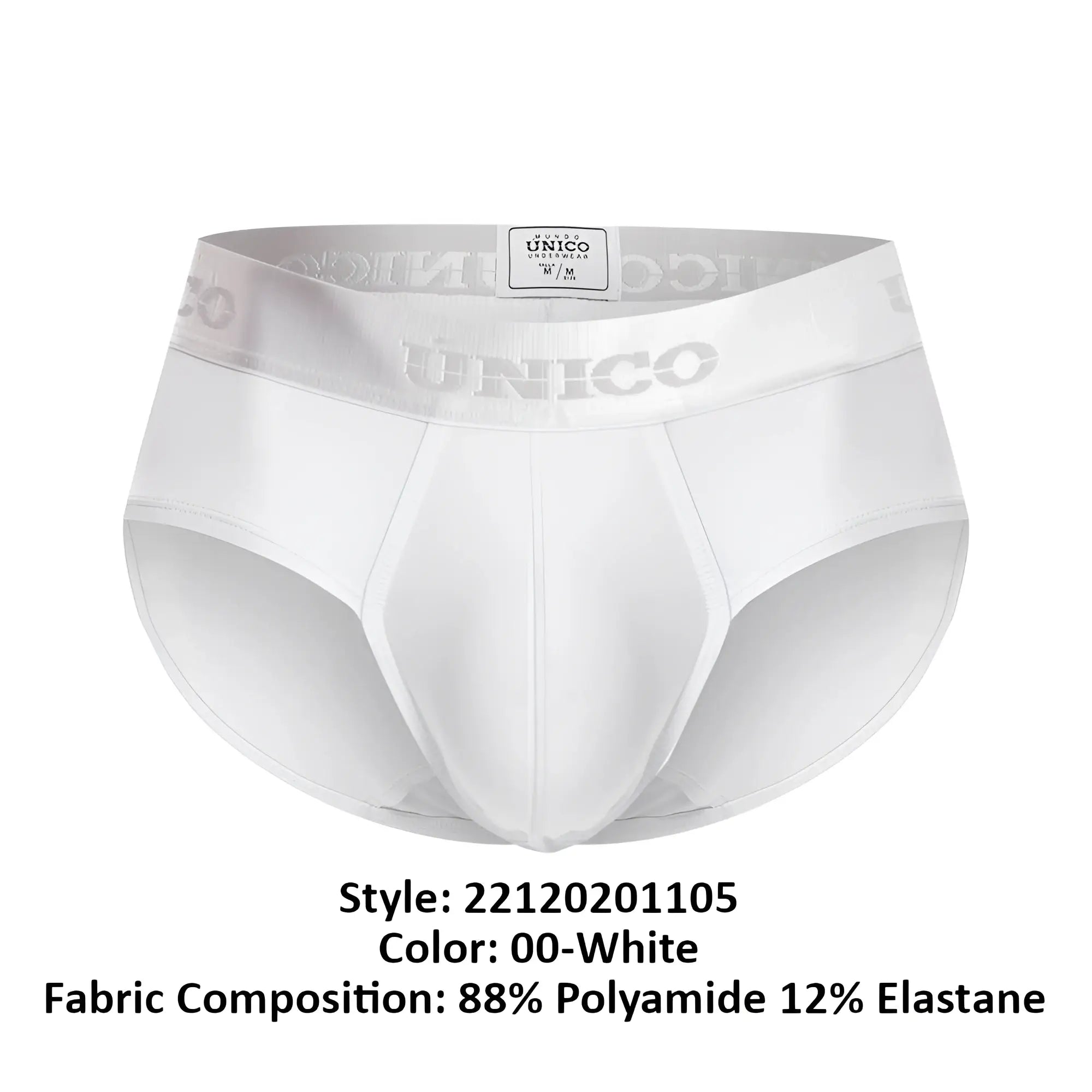 White unico men’s briefs in color 00-white made of 88% polyamide and 12% elastane with embossed waistband design