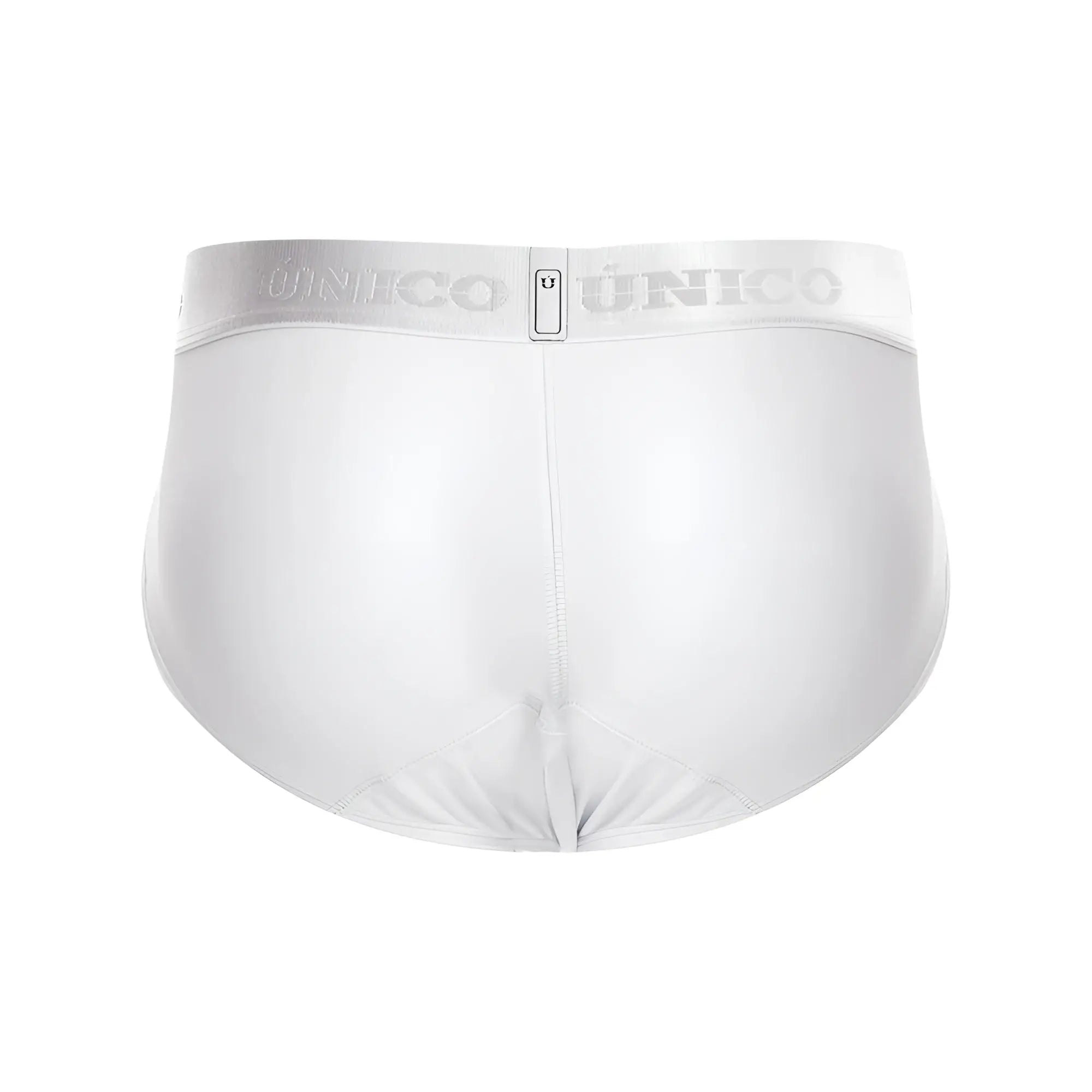 White unico men’s briefs with silver elastic waistband featuring the brand logo in cristalino m22 style color white