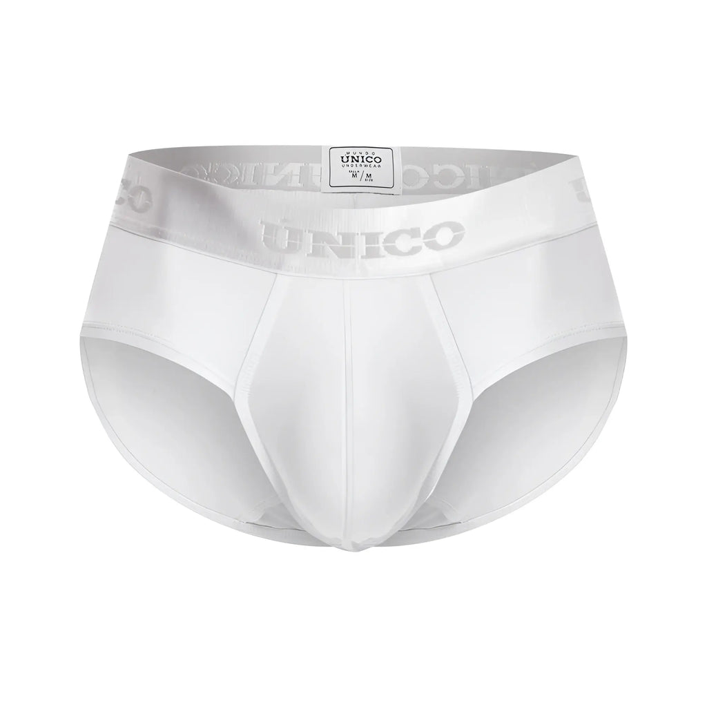 White unico cristallino m22 briefs with silver logo band and smooth form fitting fabric in color 00 white
