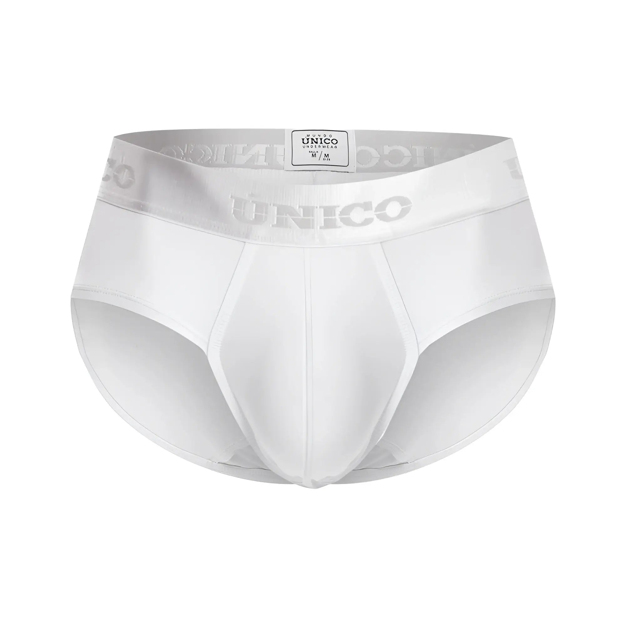 White unico cristallino m22 briefs with silver logo band and smooth form fitting fabric in color 00 white