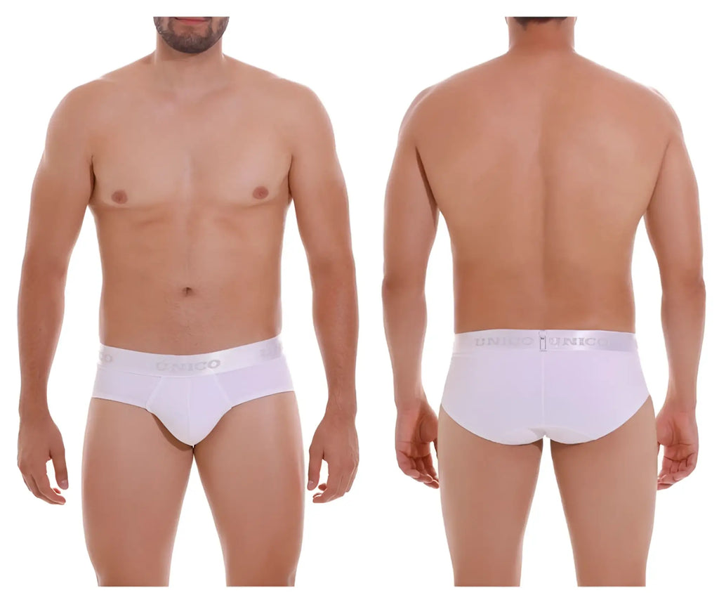 White unico 22120201105 cristalino m22 briefs with subtle elastic waistband and gray unico logo in white color