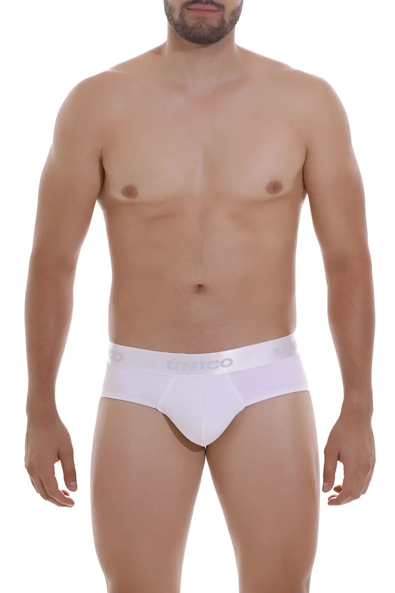 White men’s briefs with a subtle gray unico logo band in the cristalino m22 style color white
