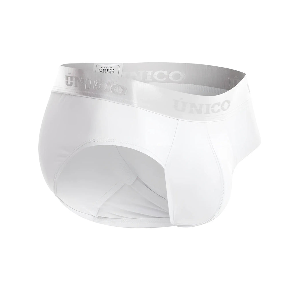 White unico cristalino m22 men’s briefs with gray waistband featuring the brand name in color 00-white