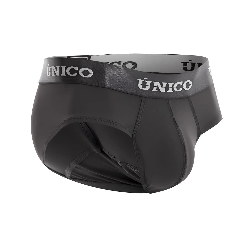 Black unico men’s briefs in dark gray with a gray waistband featuring white unico branding for everyday comfort