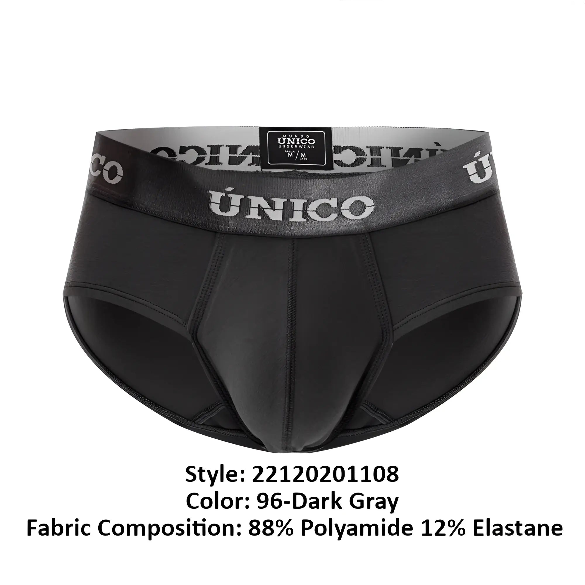 Black unico men’s briefs in dark gray with a gray waistband featuring the brand name in white lettering
