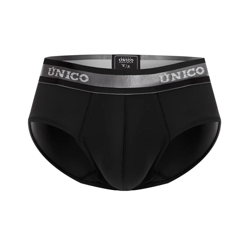 Black unico mens briefs with gray elastic waistband and white brand name lettering model 22120201114 nebuloso m22