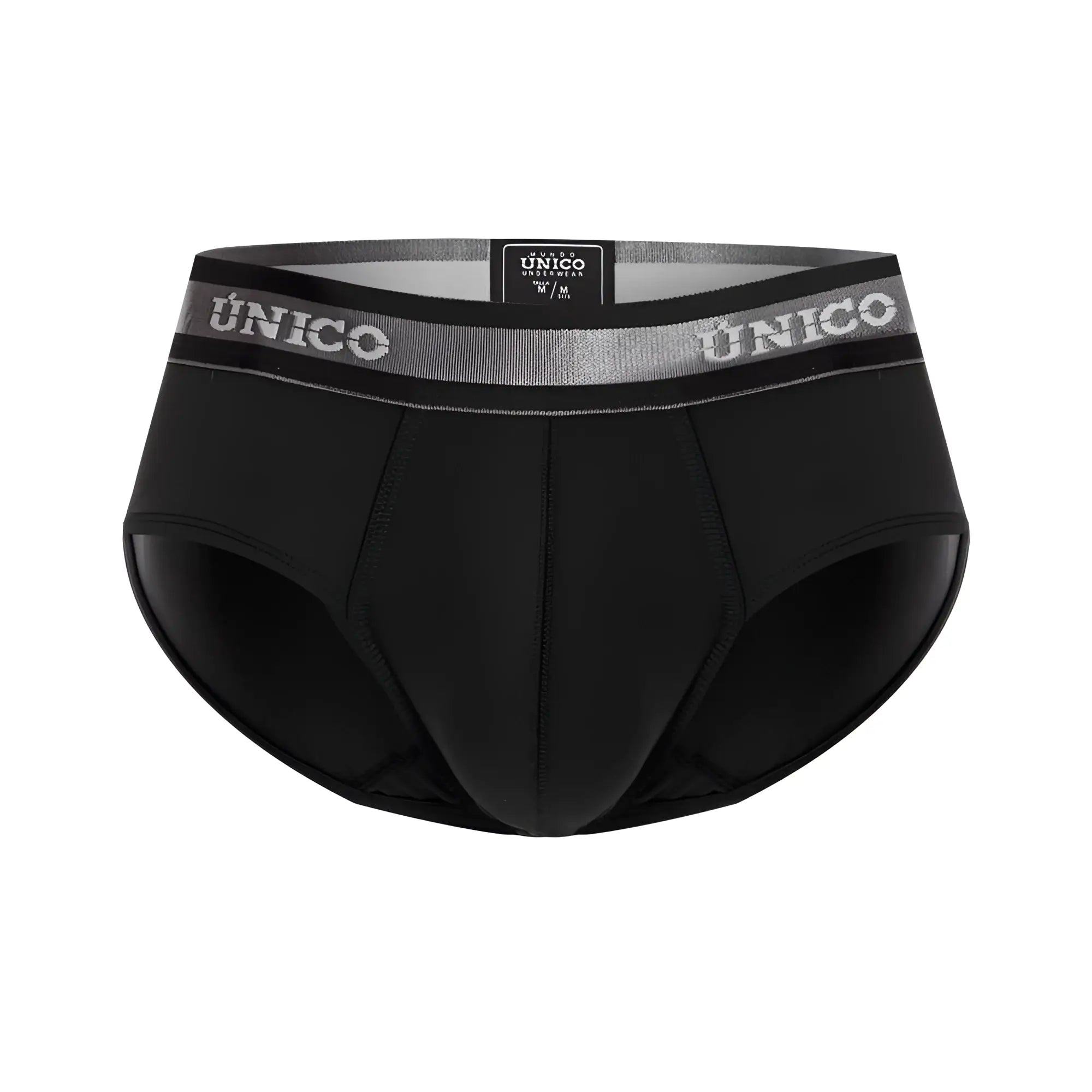 Black unico mens briefs with gray elastic waistband and white brand name lettering model 22120201114 nebuloso m22