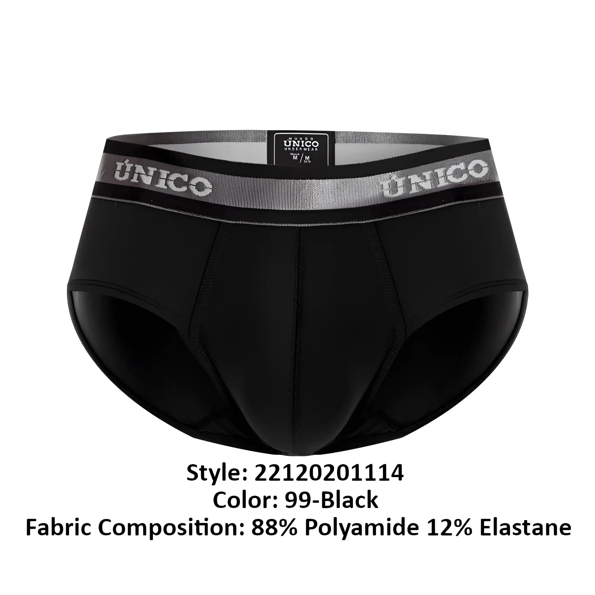 Black unico men’s briefs with gray elastic waistband and white unico branding in color 99 black model 22120201114 nebuloso m22