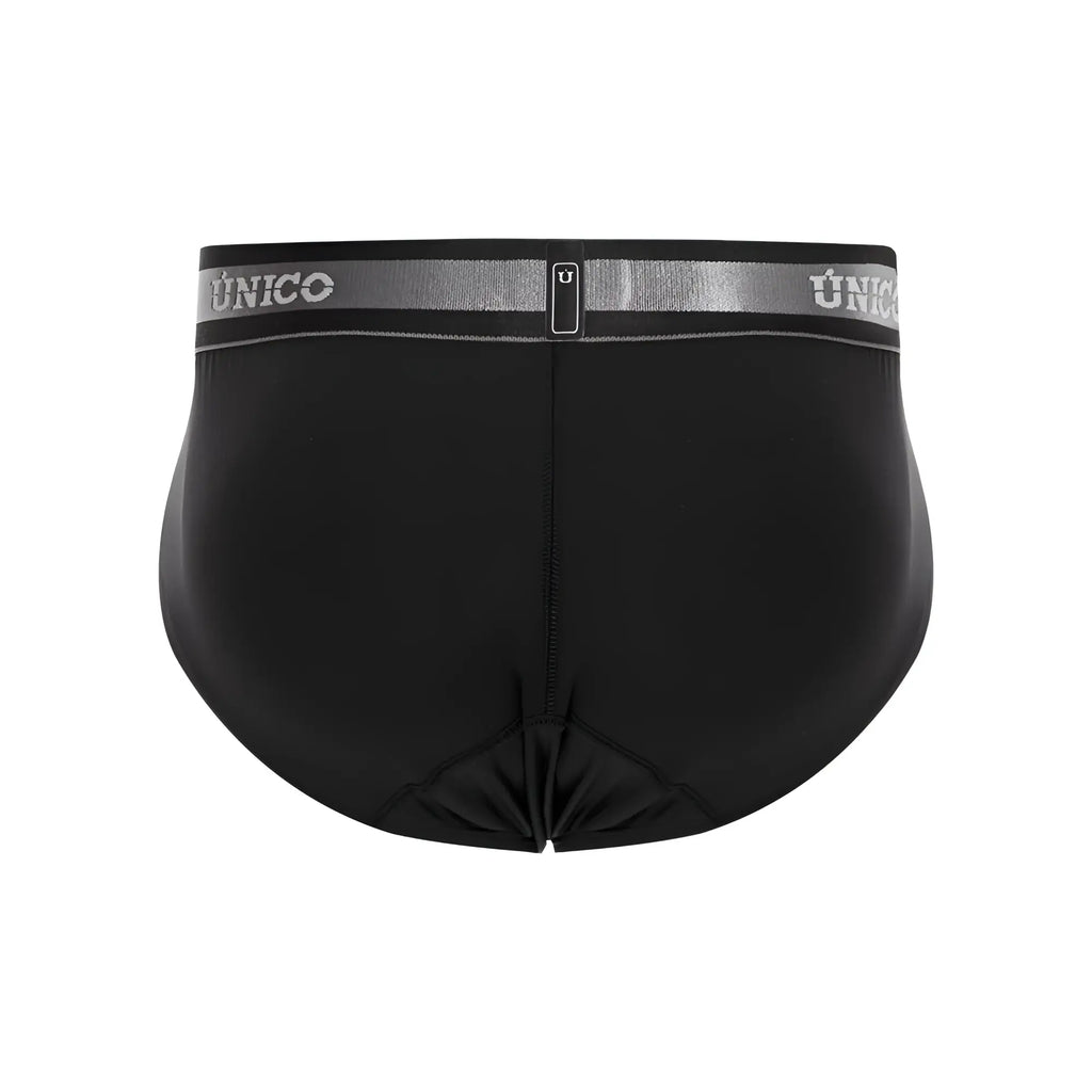 Black unico men’s briefs with silver elastic waistband featuring brand logo and small rectangular tag in color 99-black