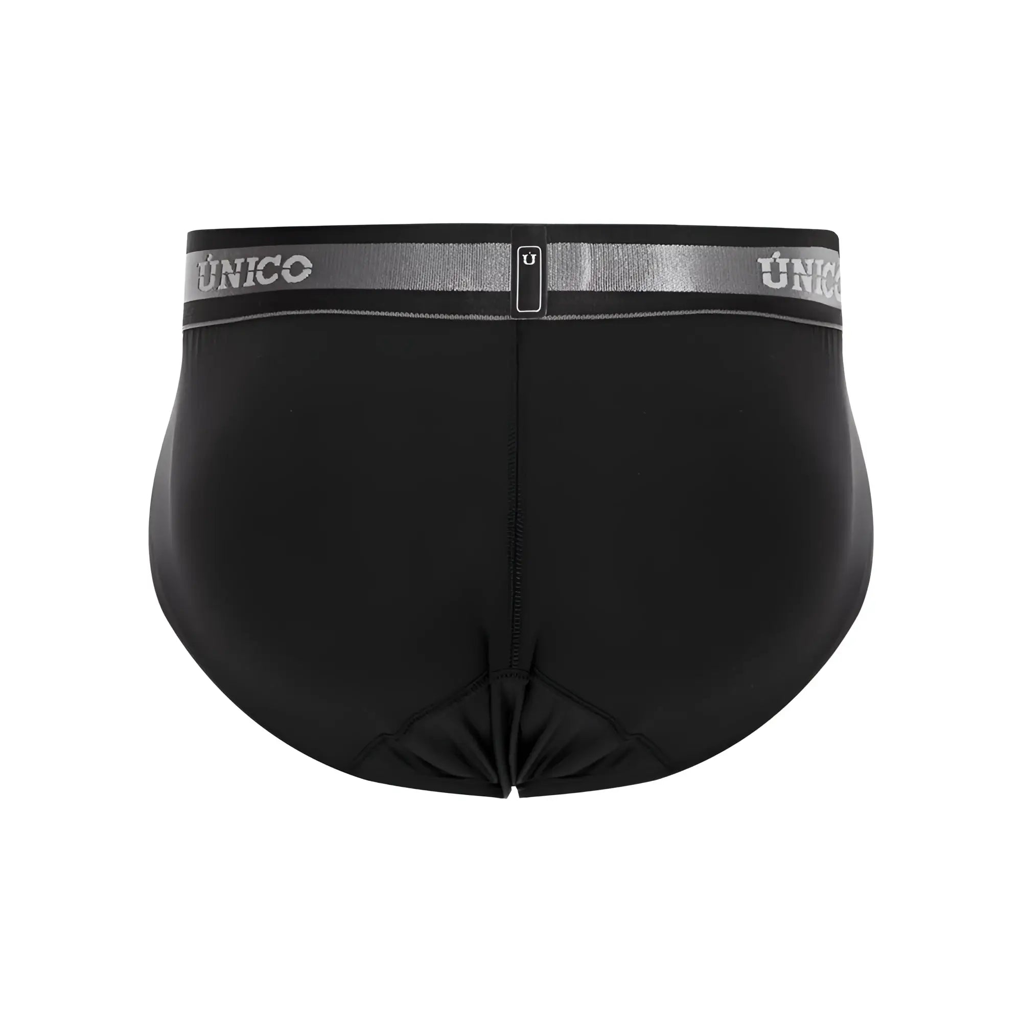Black unico men’s briefs with silver elastic waistband featuring brand logo and small rectangular tag in color 99-black