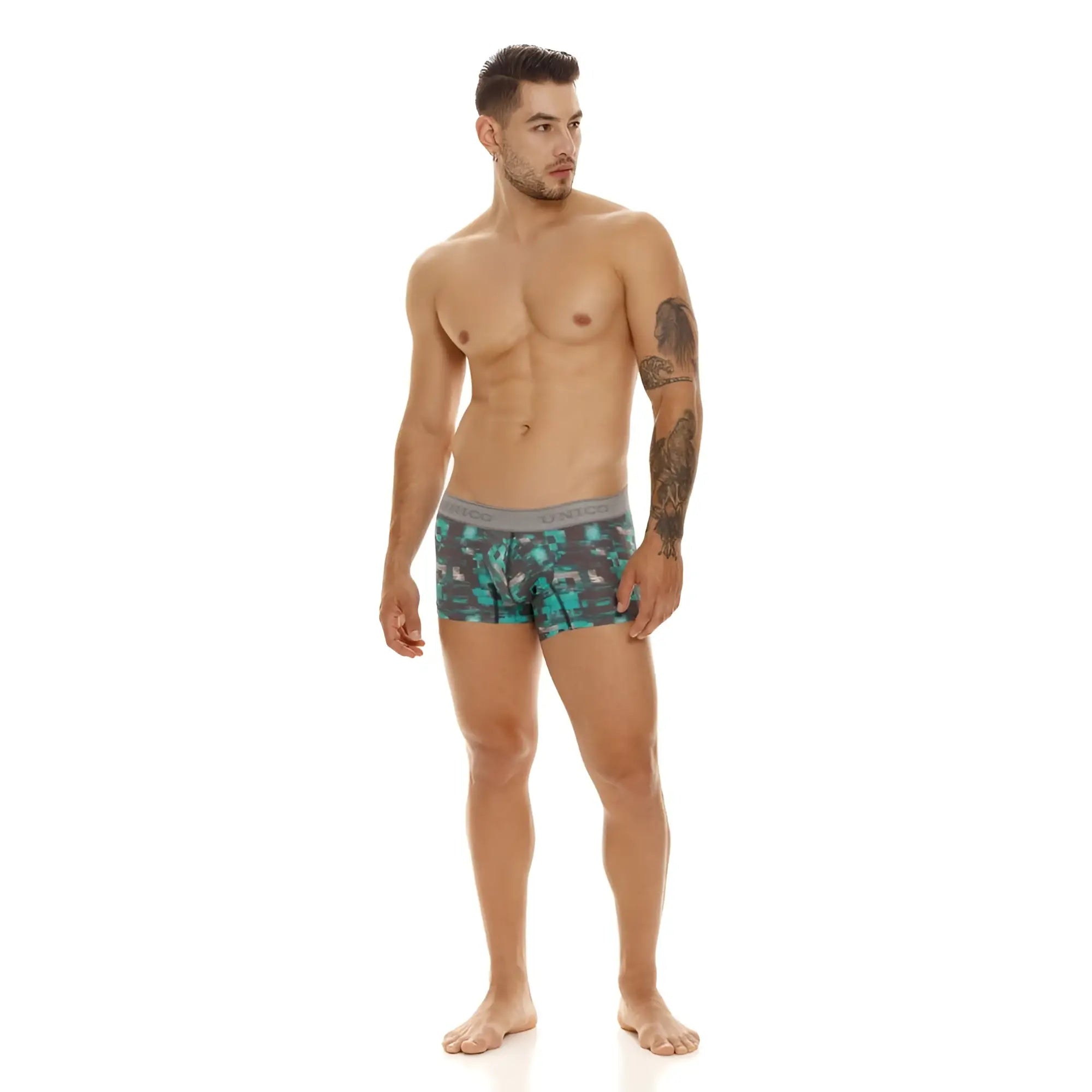 Men’s unico 23050100104 escaque trunks boxer briefs with teal and black camouflage pattern and gray elastic waistband